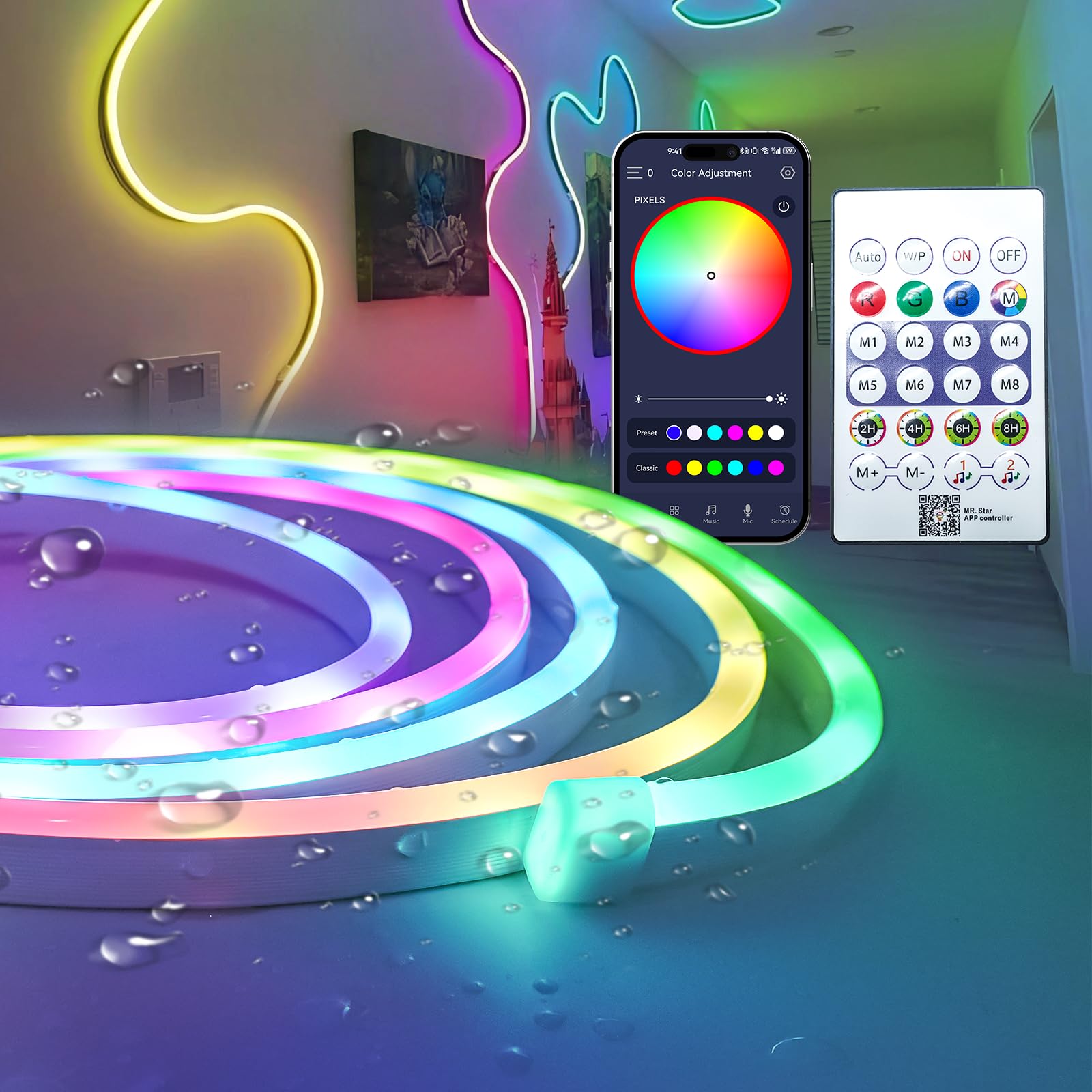 Fosingut Neon Rope Light 3M,5V USB RGB IC LED Strip Light Flex with APP&Remote Control,Waterproof Music Sync Color Chasing RGB LED Tape Light for Bedroom,Living Room,Gaming Room,Party Wall Decor