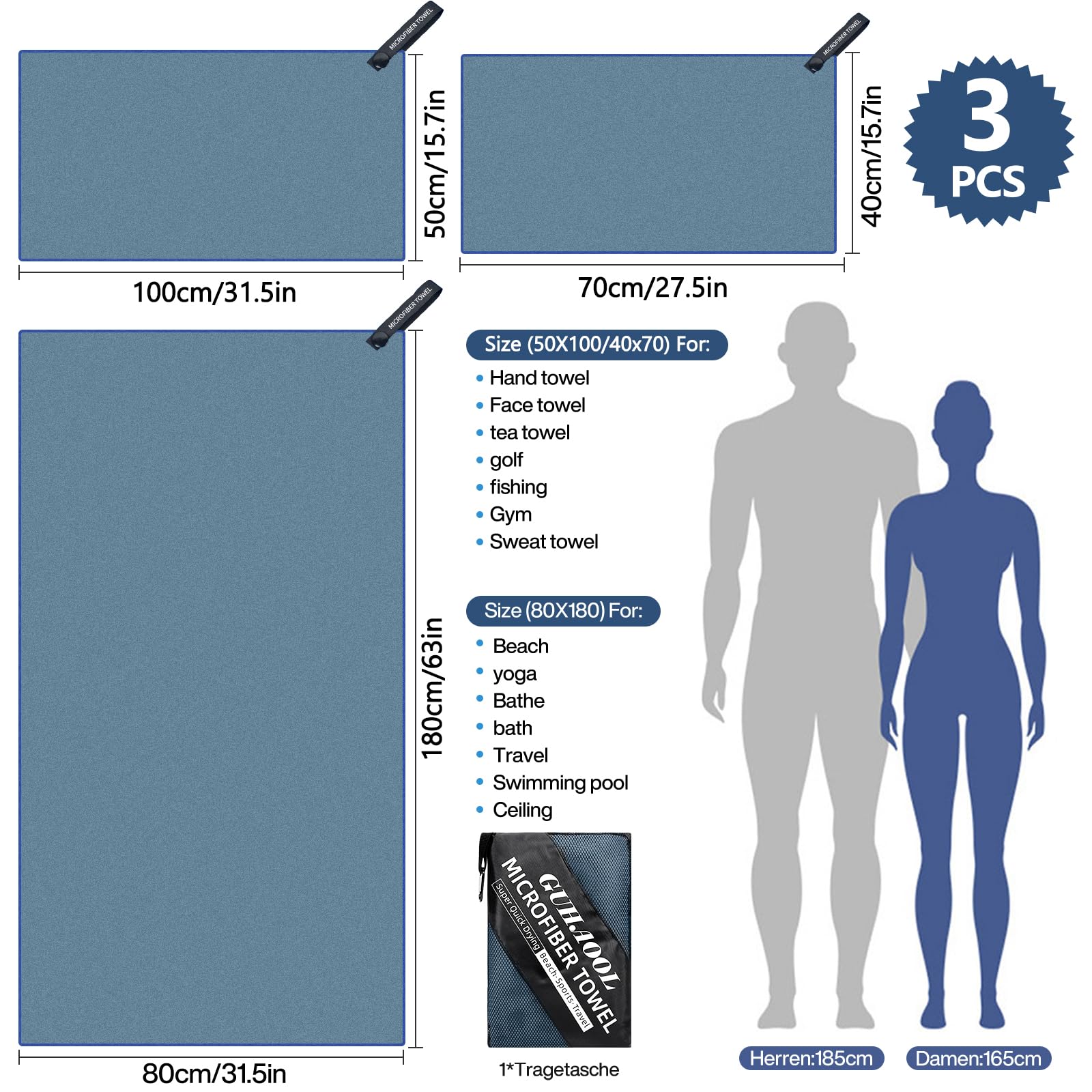 Asciugamano Microfibra, Asciugamano in Microfibra 3 Set | 180x80cm&100x50cm&70x40cm, Telo Mare Microfibra, Asciugamani in Microfibra ad Asciugatura Rapida per Viaggi Spiaggia Yoga Sauna (Blu)