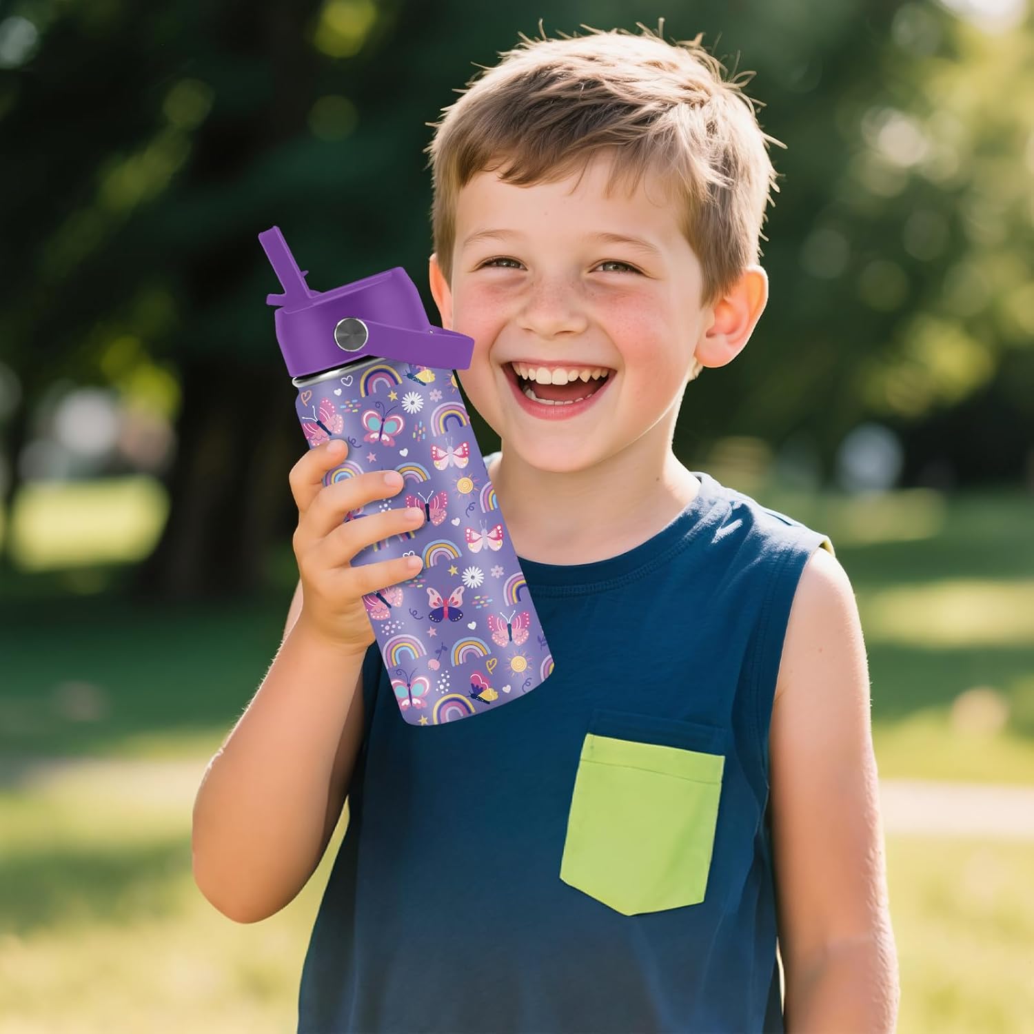 Butterfly Gifts - 16oz Purple Kids Water Bottle with Straw Lid, Stainless Steel Insulated Tumbler, Leakproof, BPA-Free, for Girls, School, Travel - Butterfly Rainbow Themed Birthday Gift Cup (1pc) - Image 9
