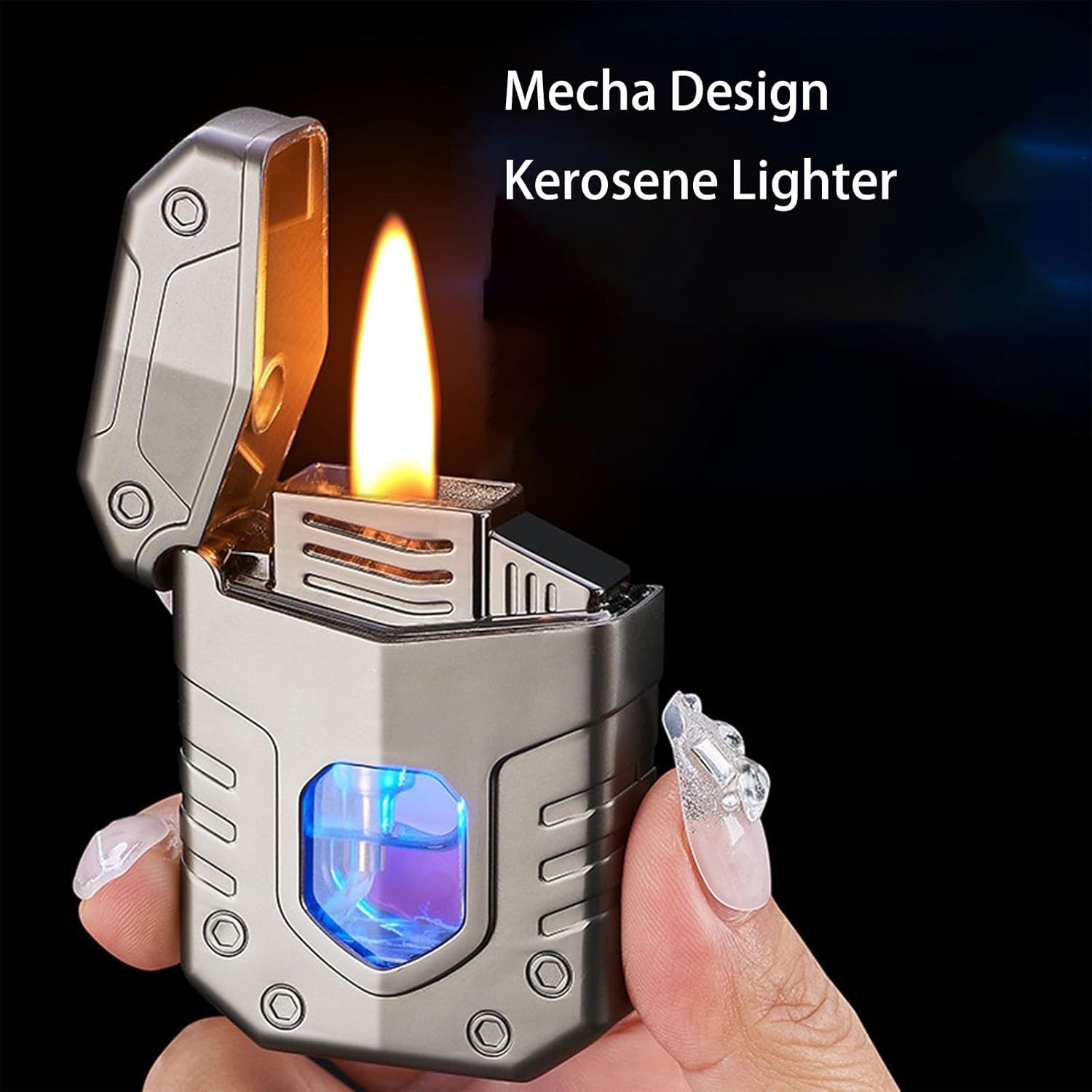 Portable Voice-Activated Kerosene Lighter with Multiple Ignition Modes. Transparent Visible Tank for refilling Kerosene. Adjustable Flame.(Gold)
