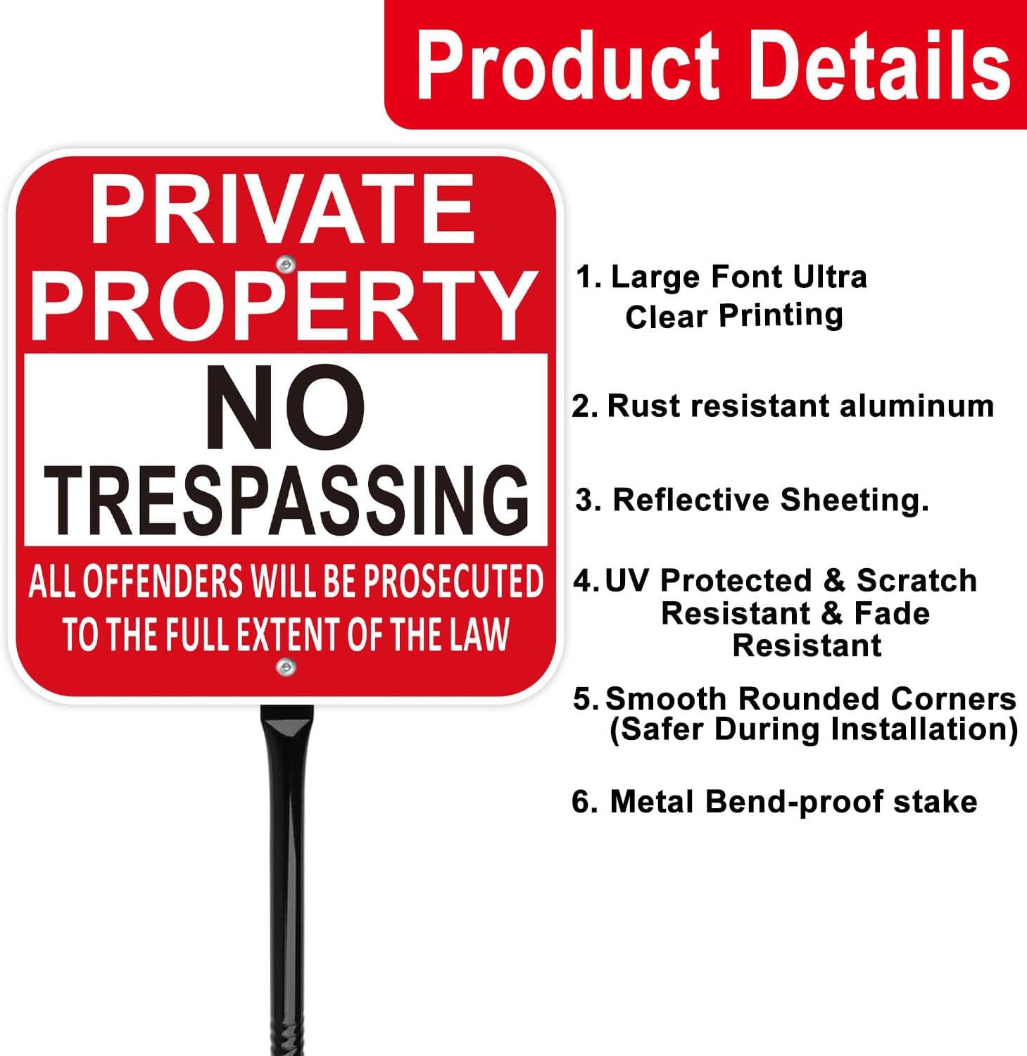 Private Property No Trespassing Sign with 54 Inch Black Metal Stakes, Violators Will Be Prosecuted, Red 12x12 Inch Aluminum, Weather Resistant, 2 Pack