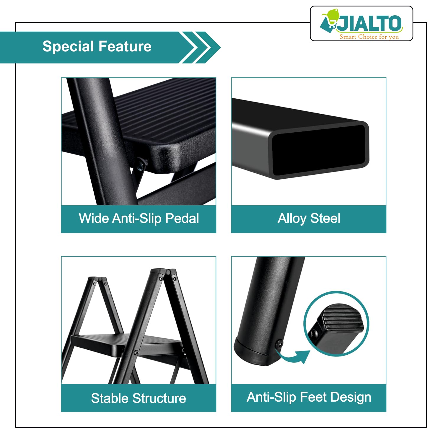 JIALTO 2 Step Metal Ladder for Home, Foldable Lightweight Stepping Stool with Wide Pedals, Anti Slip Heavy Duty 150 Kg Capacity, Portable for Kitchen, Office & Library (Black) — Amazon image 6
