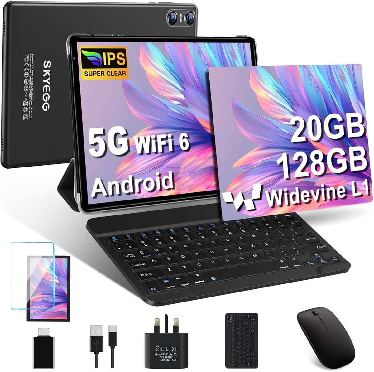 Tablet 10 Inch Android 14 – 20GB RAM 128GB ROM (1TB Expand), Octa-Core, WiFi 6, FHD IPS, Widevine L1, USB-C, 6000mAh – with Keyboard, Mouse, Case – Black