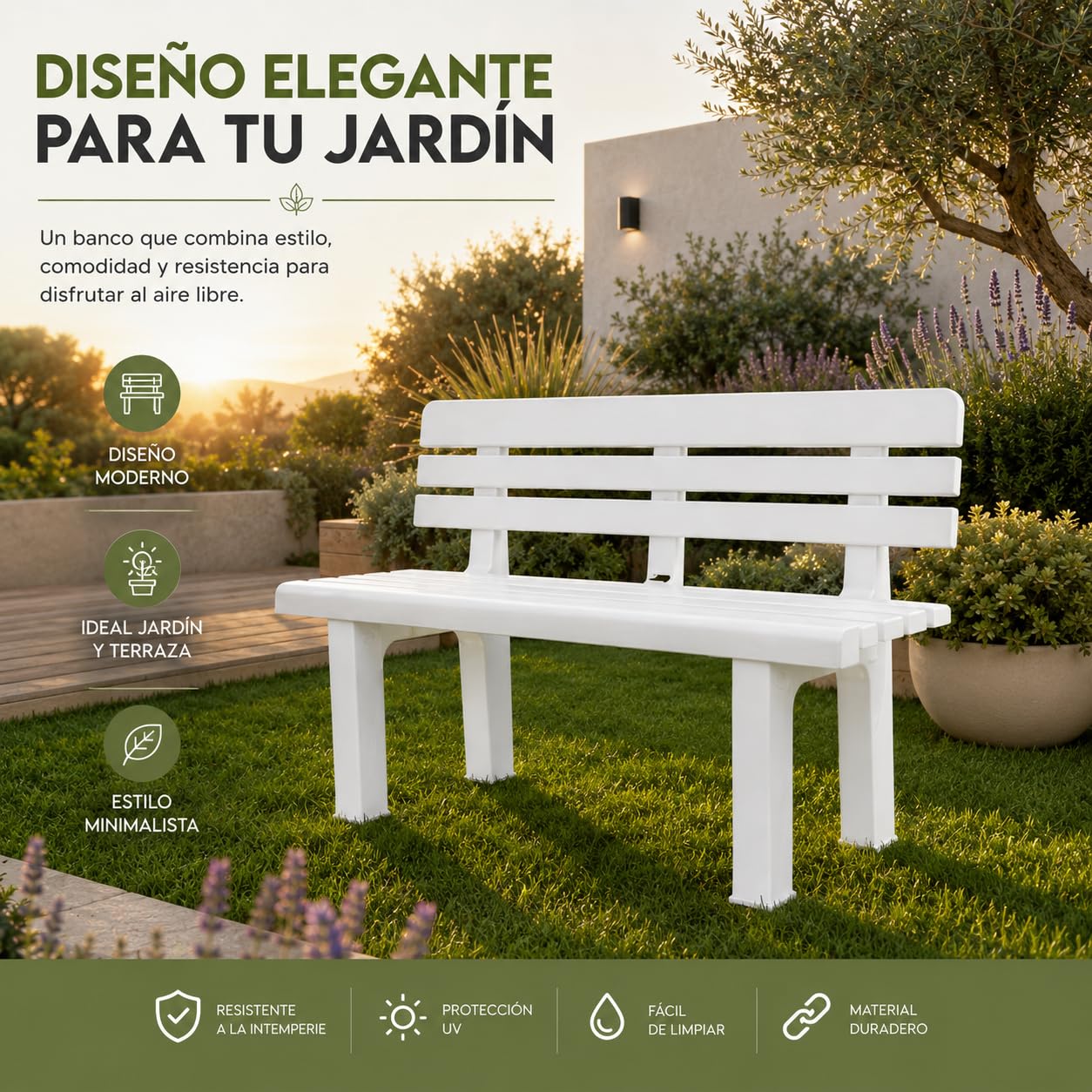 Banco de Jardín Exterior 2 Plazas 110x52x71 cm Plástico PP Resistente Blanco 130 kg