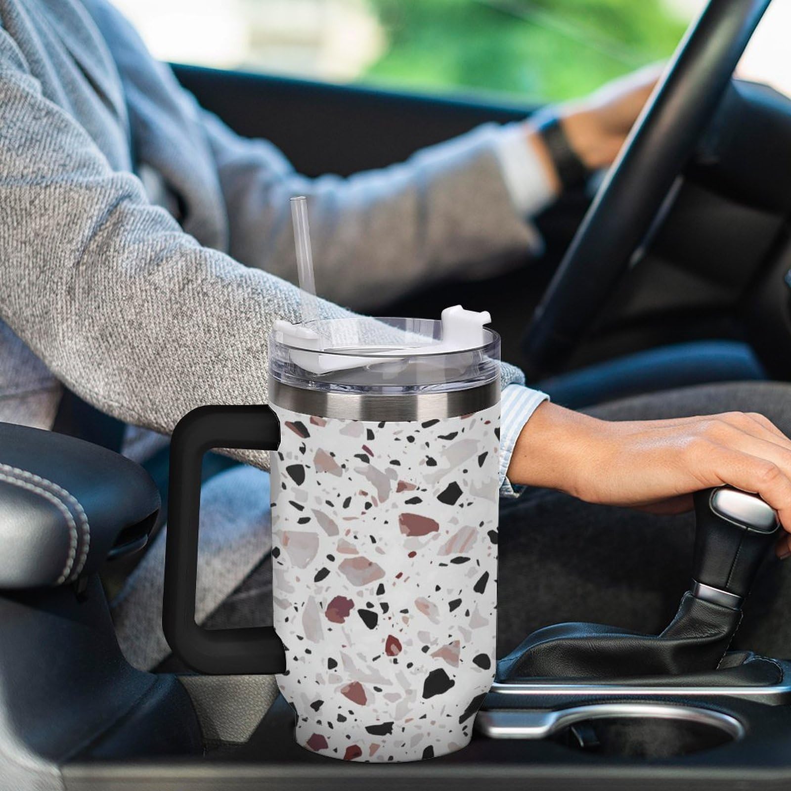 Rote Terrazzo-Becher mit Strohhalm und Griff, doppelwandige Vakuumisolierung, Wasserflaschen für Eiskaffee, Tee, heiße und kalte Getränke