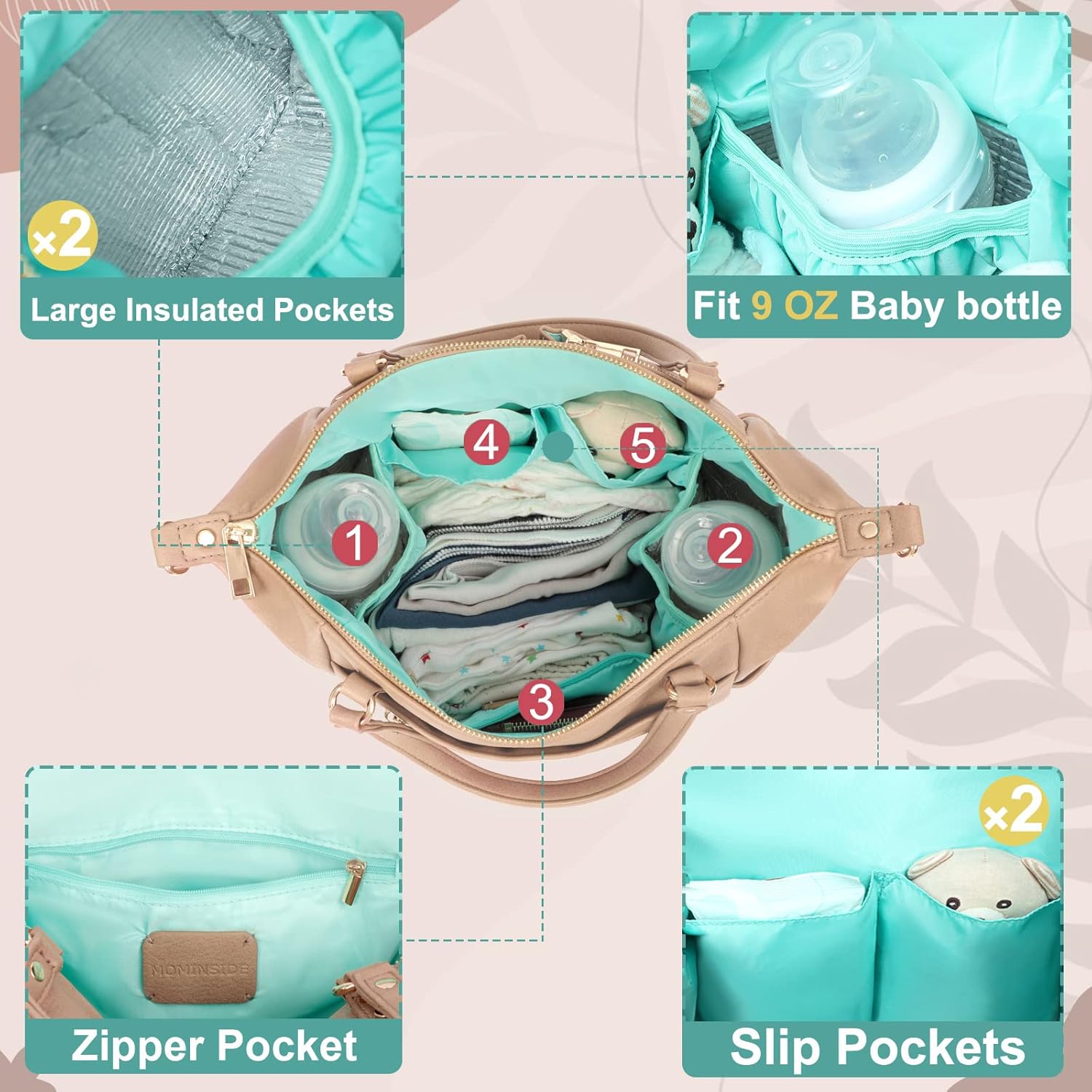 MOMINSIDE Small Diaper Bag, Mini Diaper Tote, Leather Diaper Bag Purse, Crossbody Baby Bag with 13 Pockets, Diaper Clutch for Women Mom, 2 Insulated Pockets(Camel) - Image 4