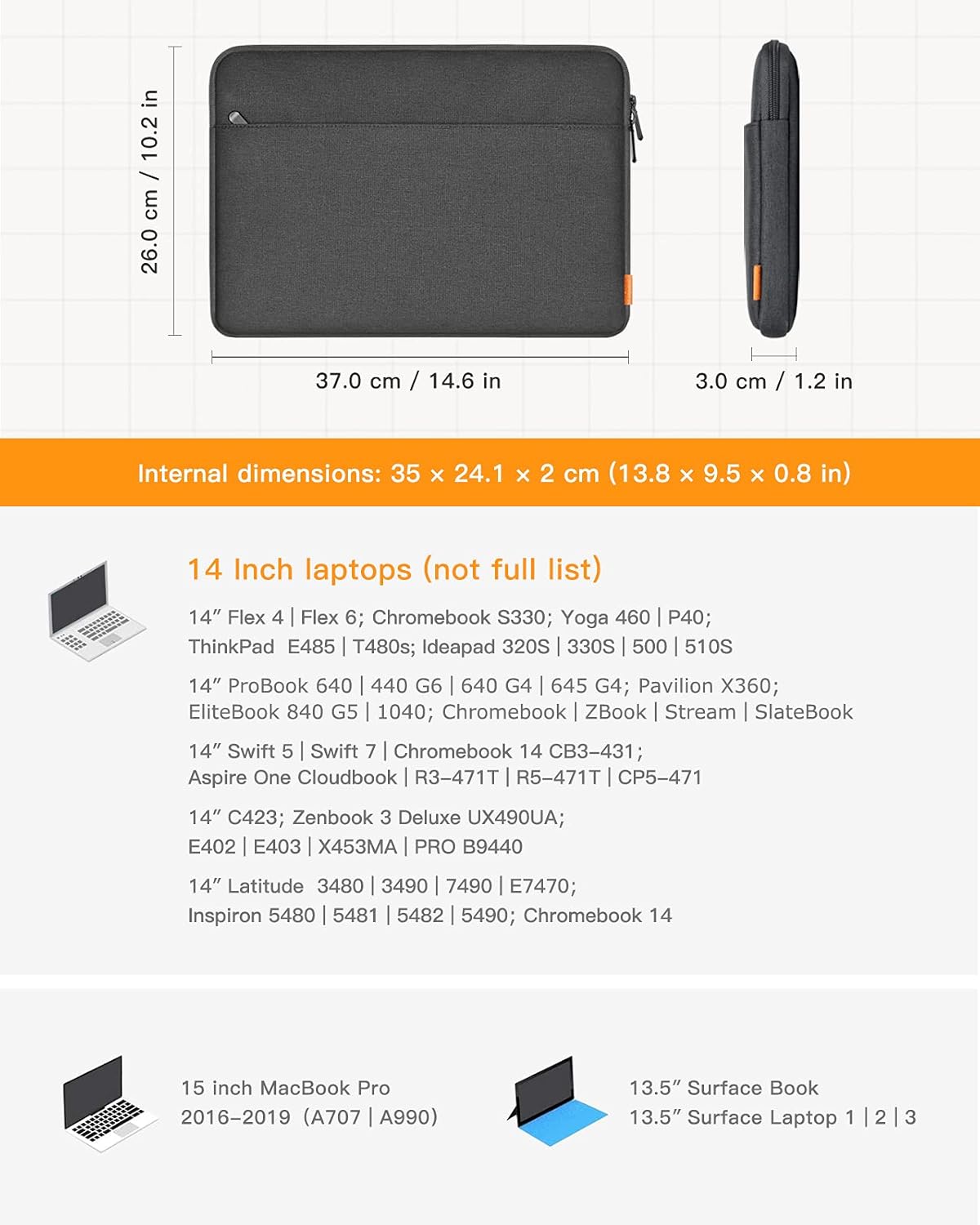 Inateck 14 Inch Laptop Sleeve Case Bag Compatible with 14'' Laptop,15'' MacBook Pro 2018/2017/2016, Notebooks, Chromebooks, Black : Everything Else