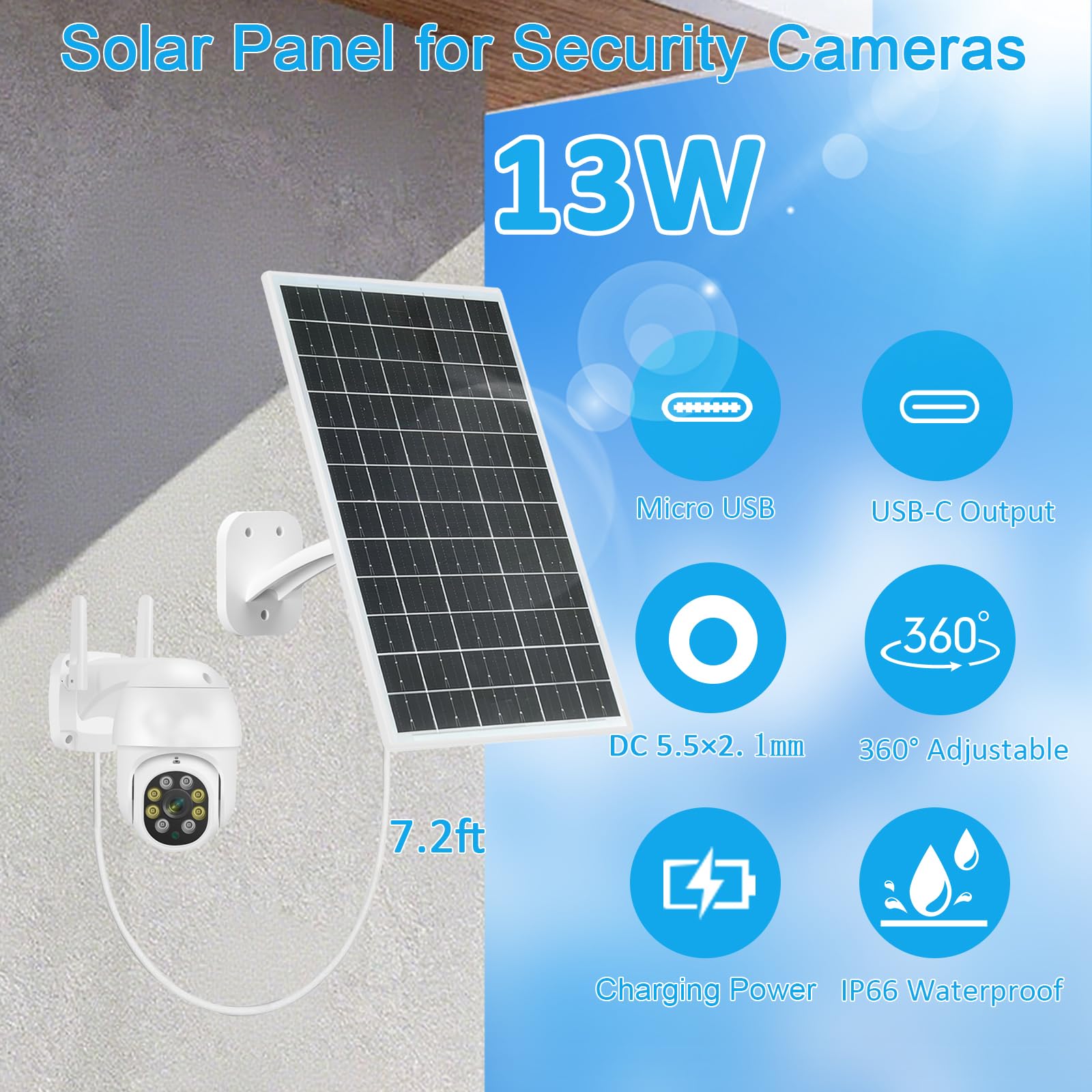 FUTUREZEN Panel solar de 13 W para cámaras de seguridad y cámaras de sendero, USB-C, micro USB y salida CC de 5,5 x 2,1 mm, impermeable IP66, montaje ajustable de 360°, cable de 7.2 pies, paquete de 2