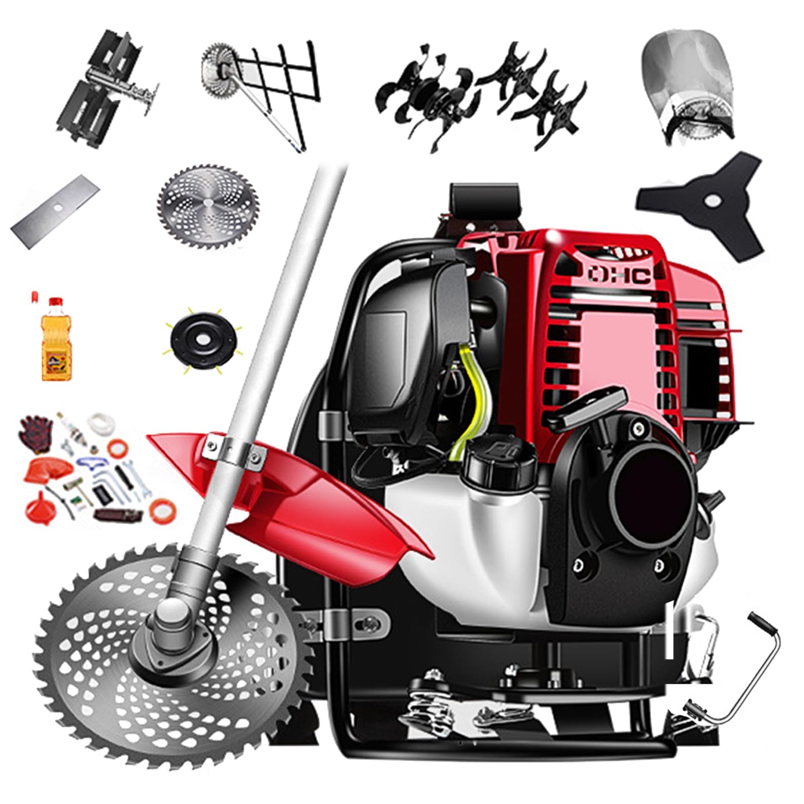Macchina da giardino multifunzione a 4 tempi, con 8 accessori, per paesaggistica e agricoltura
