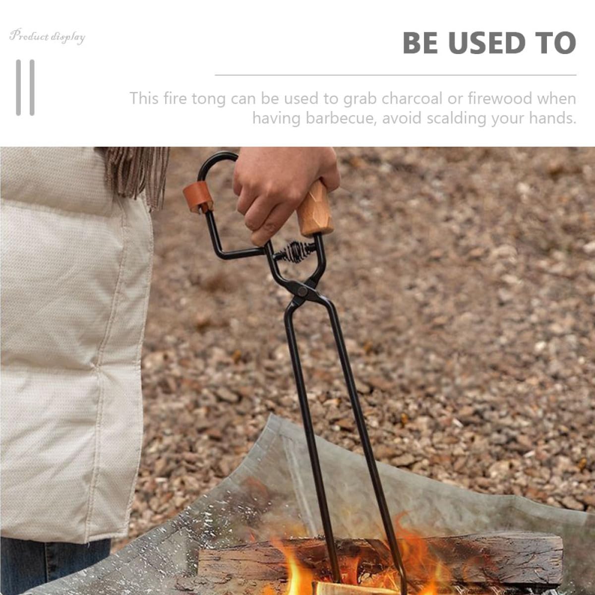 Pinzas de carbón para exteriores para barbacoa y fogata, acero resistente al calor con mango de madera antiquemaduras, accesorio portátil para acampar y asar