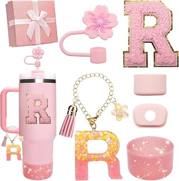 Pink Accessories for Stanley Cup 30OZ 40OZ, All Accessories Gift Box Contain Flower Straw Topper, Sillicone Boot, Letter Stickers and Pendants,Spill Stopper Set Pink R