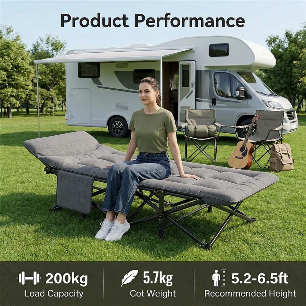 Lit de Camping Pliable avec Oreiller et Poche Latérale, Lit de Camp Rembourré 190 x 65 cm, Cadre en Acier jusqu’à 200 kg, Lit d’Appoint Portable avec Sac de Transport pour Camping, Jardin, Bureau