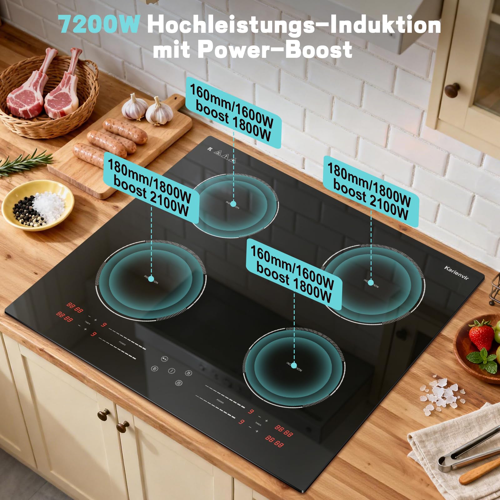 Induktionskochfeld 60cm Leistung Boost, Kochfeld Induktion 4 Platten, 7200W | 9 Leistungsstufen, Zonierte Touch-Bedienung, Timer 1-99 Min, Kindersicherung, Autarkes Einbau Induktionsherd