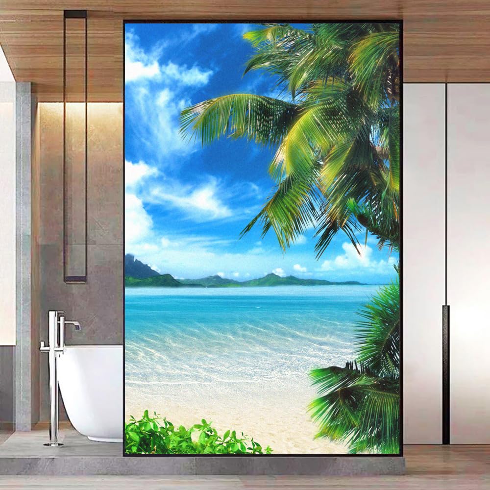 Privacy Window Film Beach Scenery Stained Glass Static Cling Window Treatments Window Coverings Glass Sticker Decorative Film for Siding Glass Door Home Decor 27.6"x78.74"(68x200cm)