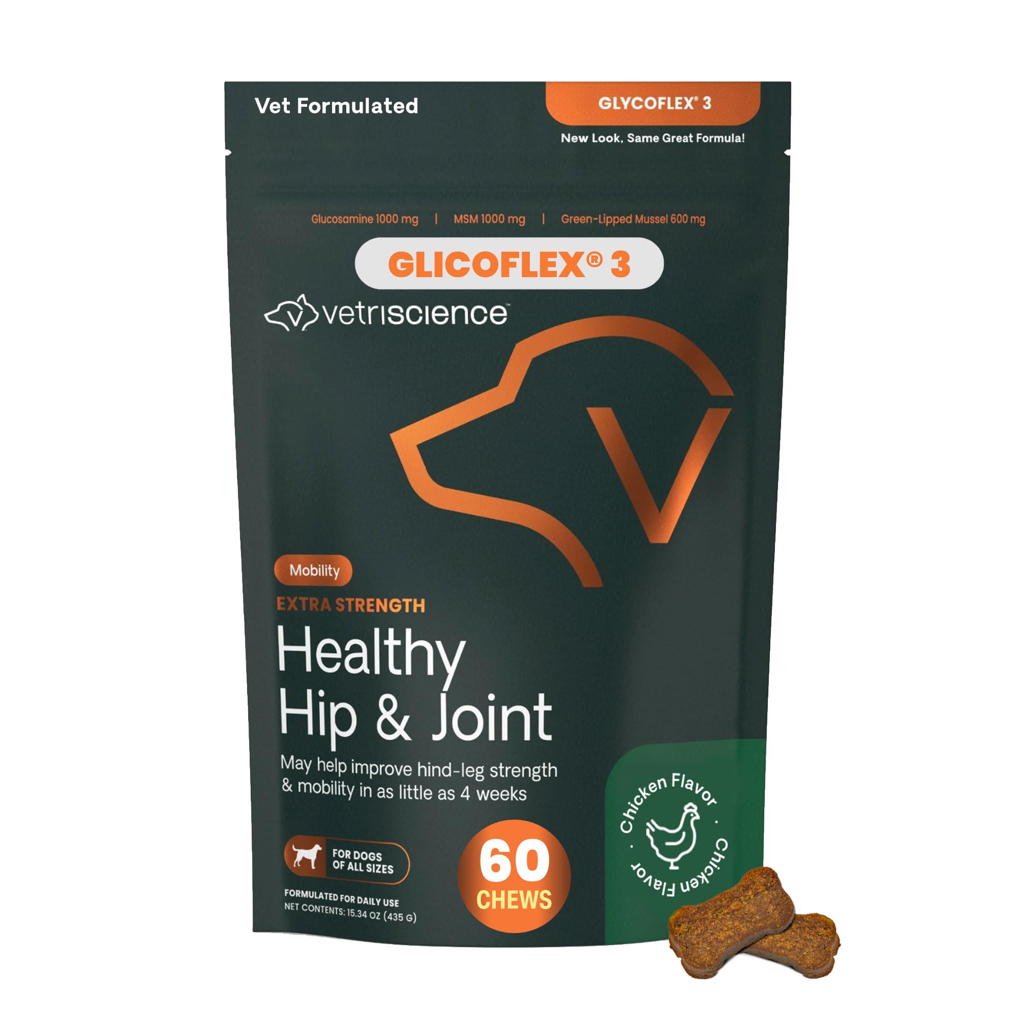 VetriScience Glycoflex 3 Vet Strength Glucosamine for Dogs Hip and Joint Supplement - Clinically Proven Mobility and Joint Supplement with MSM, DMG and Green Lipped Sea Mussel, Chicken, 60 Chews