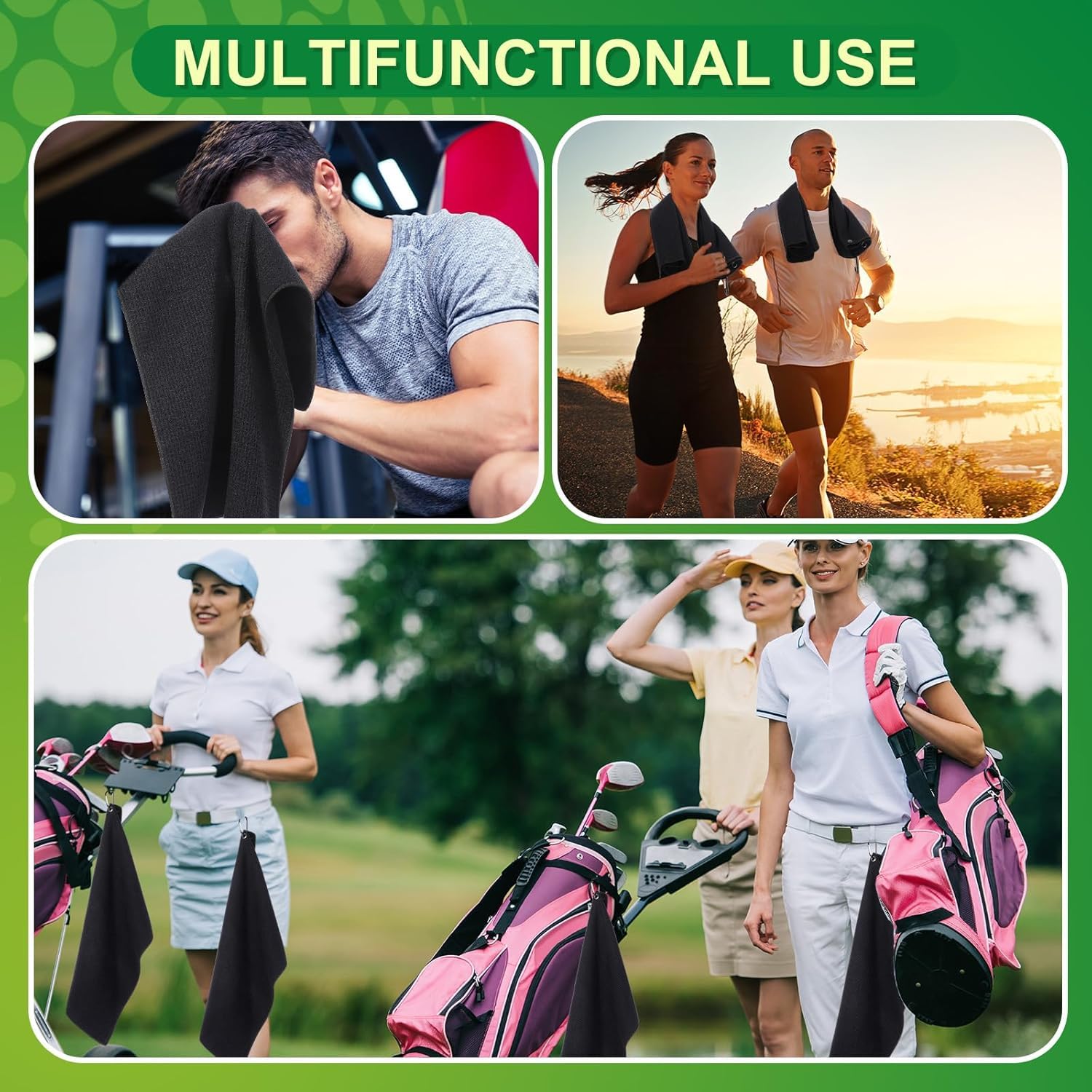 MEISO Toallas de Golf Microfibra 40xcm Ultra Absorbente Mosquetón Diseño Gofre Secado Rápido Negro