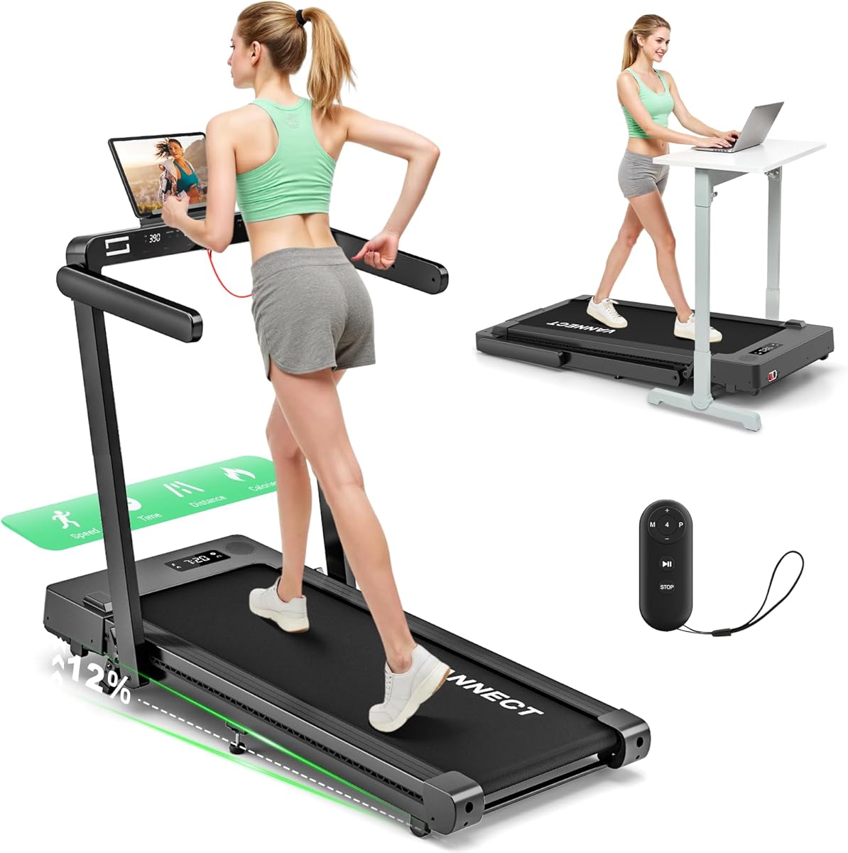 12% Incline Folding Treadmill, 14KM/H Treadmills for Home Foldable with APP & Heart Rate, Wider Belt, 400LBS Capacity Professional Running Machine for Home Office Use, Dual LED Screen