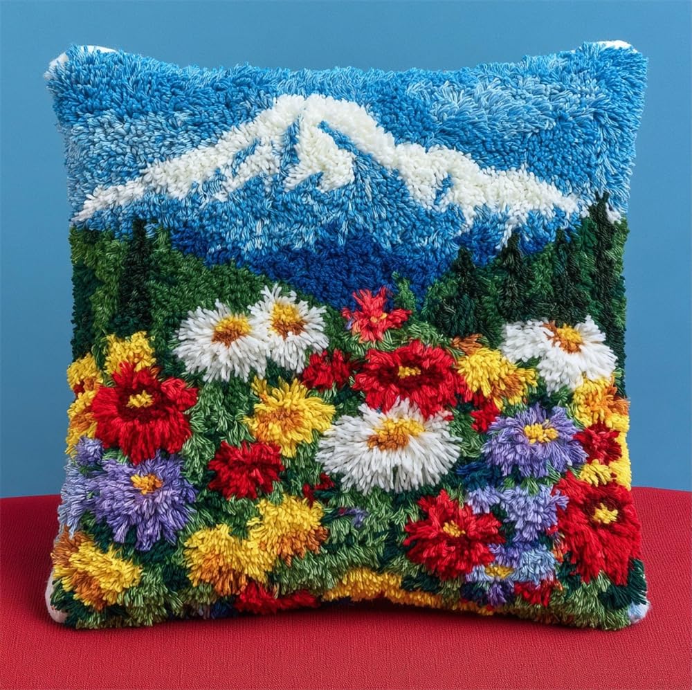 FWRTYCB Latch Hook Cushion Kits for Adults, Mountain Flowers Pillow Hook A