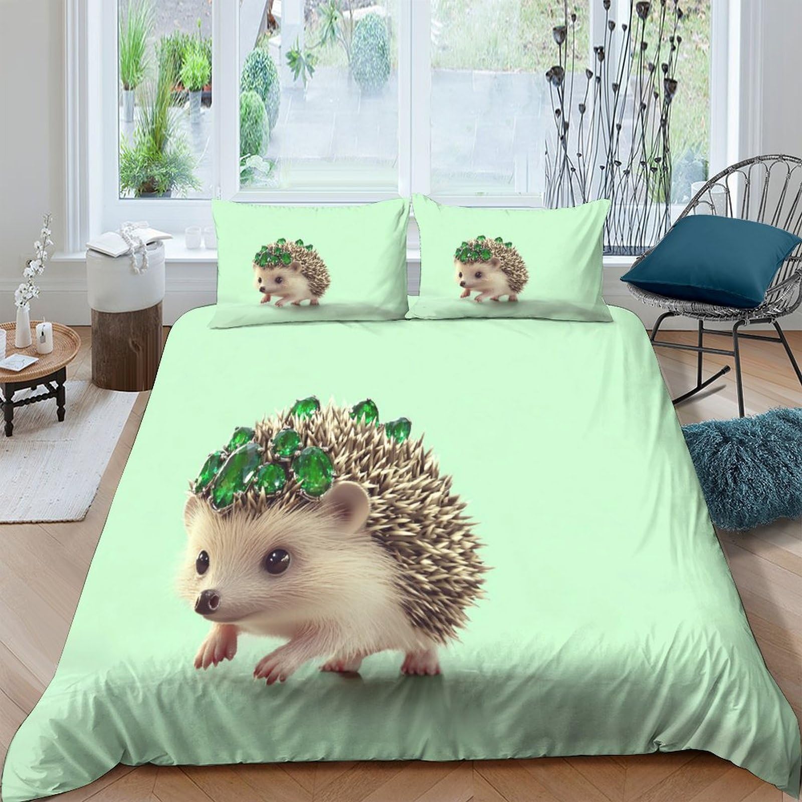 P5V6M1Q9 3D Printed Hedgehog Floral Duvet Cover Microfiber Soft Breathable Animal Bedding Set with 2 Pillowcases for Bedroom Decor Single（135x200cm）