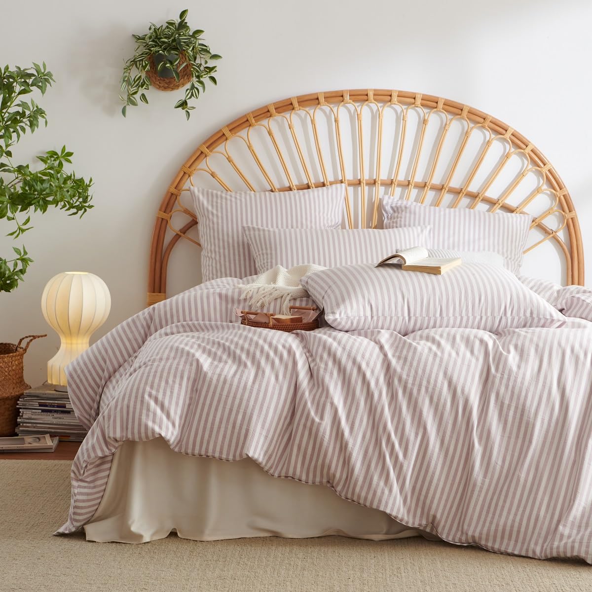 Lanqinglv Ropa de cama de 200 x 220 cm, algodón a rayas, color lila y blanco, 100 % algodón reforzado con cremallera, ropa de cama Öko-Tex adecuada para alérgicos, 1 funda nórdica y 2 fundas de