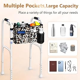 Rhino Valley Walker Bag, Multi Pockets Folding Walker Basket Tote Bag with Cup Holder,Hand-free Carry Pouch Storage Bag for Universal Walkers,Large Capacity Organizer for Seniors Elderly,Brown Leopard