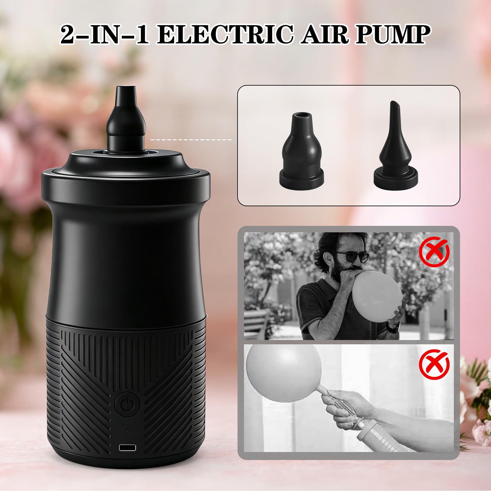 Bomba eléctrica portátil para globos, inflador de globos 2 en 1, 2000 mAh, infla y desinfla con boquillas largas y cortas para fiestas de cumpleaños, bodas, decoraciones de globos de Navidad