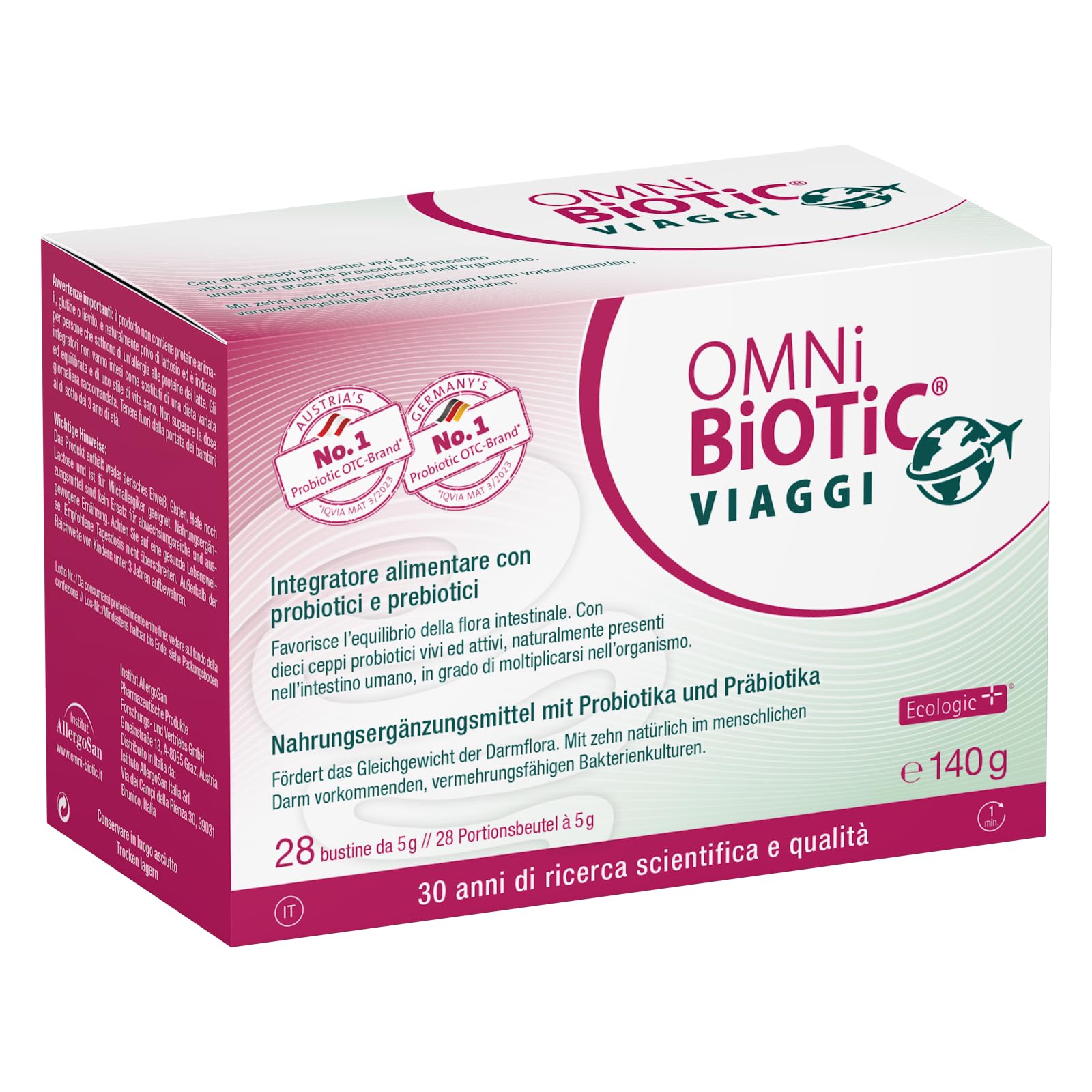 OMNi BiOTiC VIAGGI | Polvere | Con 10 Ceppi Probiotici | Per una vacanza tranquilla | VEGANO | Senza OGM | 28 Bustine da 5g