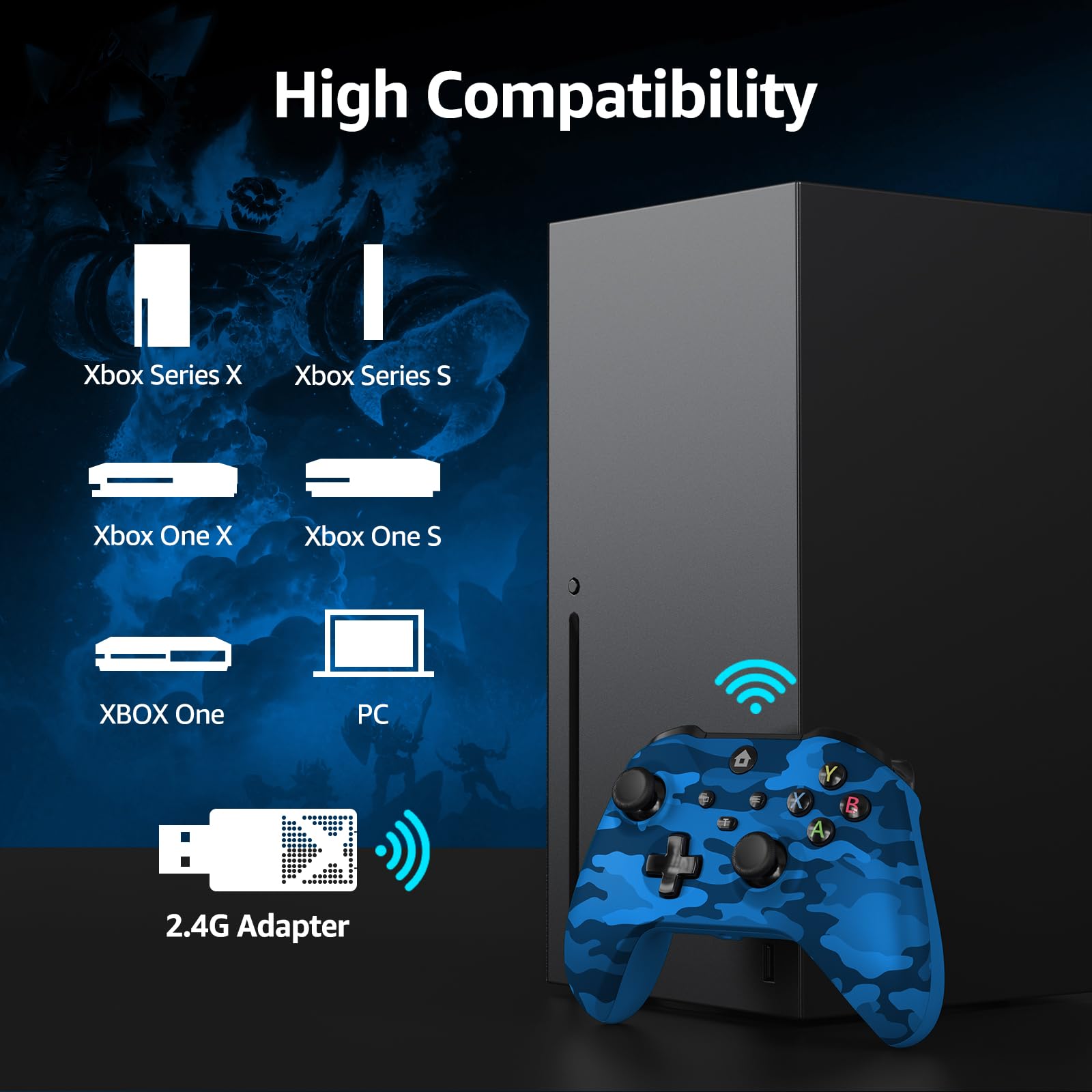 GMVOX Wireless Controller for X-BOX, Gaming Controller Support Turbo/3.5MM Audio Jack/Dual Vibration, Controller Compatible with X-BOX One/ One S/X, X-BOX Series S/X, PC, IOS, Android Platforms,with 2.4g Adapter(Blue Camo) - Xbox Series X/S - Very Good - Used Controller - Image 2