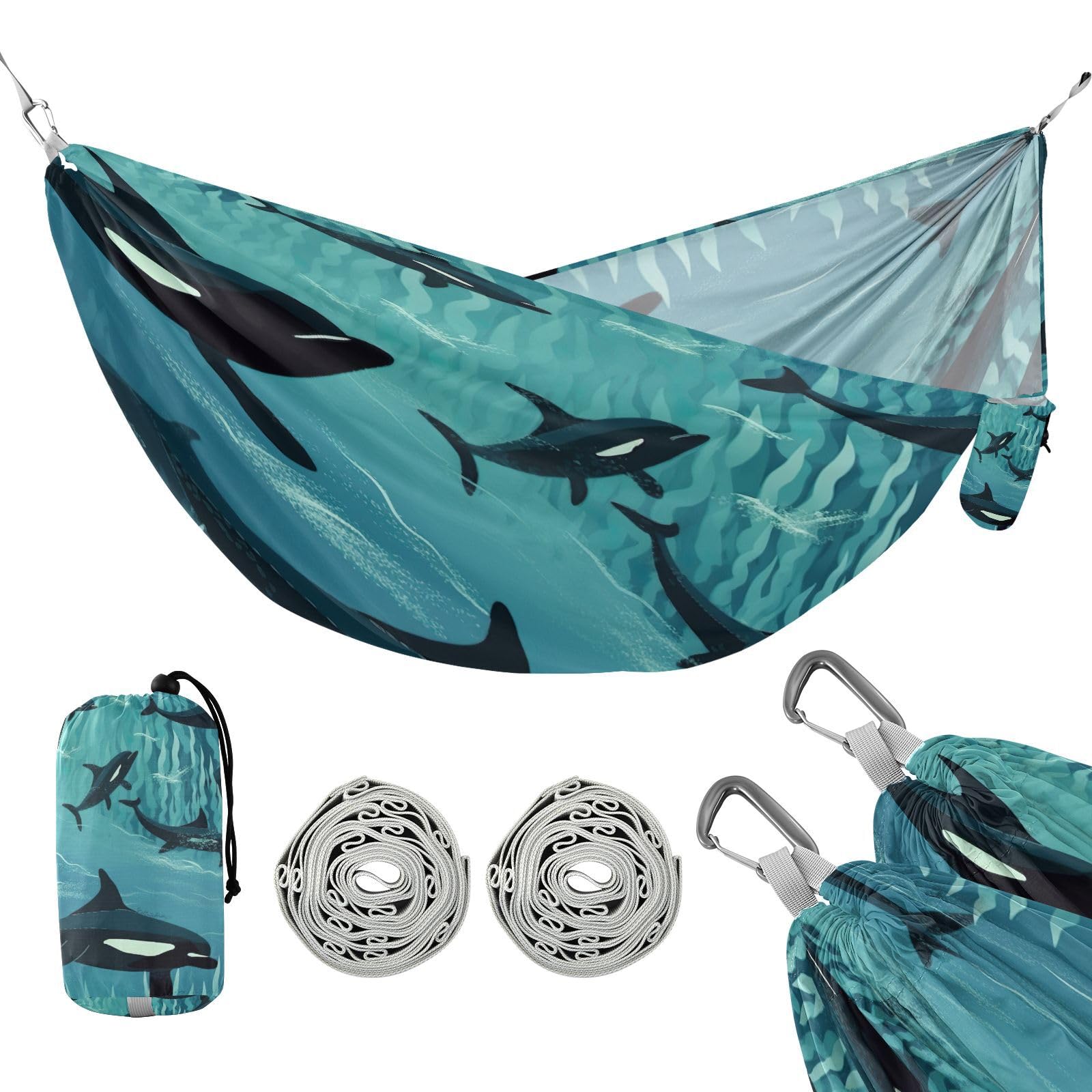 SDMKA Cute Orca Whales Camping Hammock, 330 lbs with 2 Tree Straps, Carry Bag, Single Portable Hammock for Outdoor/Indoor, Hiking, Beach, Backpacking, Travel