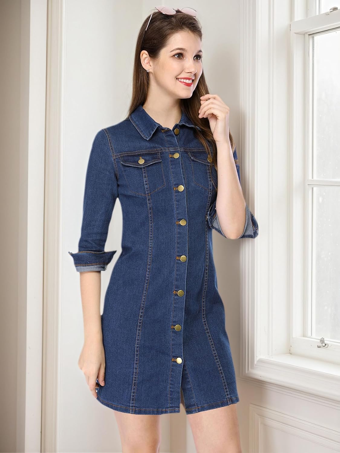 Allegra K Women's Button Down Denim Dress 3/4 Sleeve Summer 2025 Jeans Mini Dress - Image 3