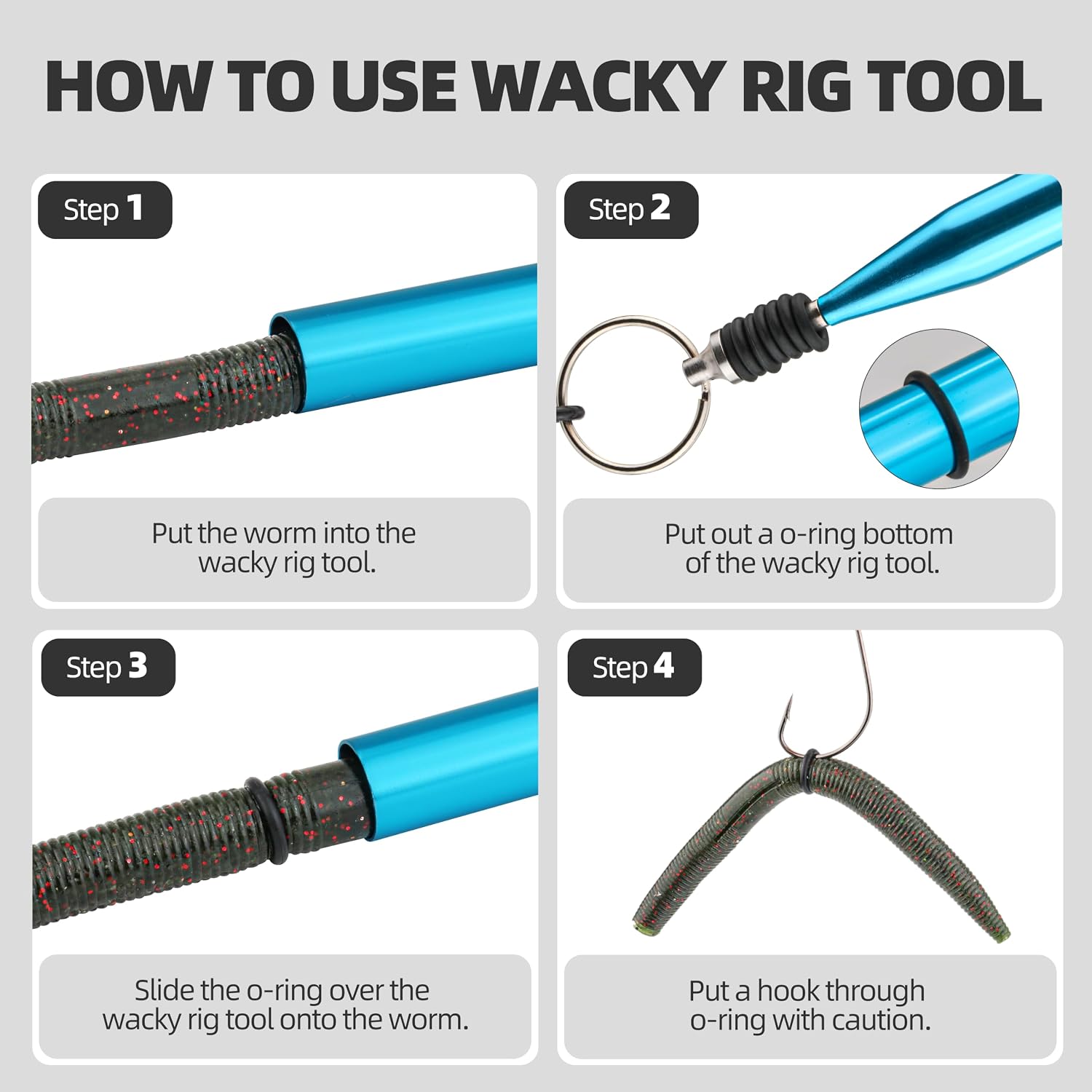Wacky Rig Tool Kit with 4-Color Aluminum Tool | 200pcs Black Wacky O-Rings, 30pcs Wide Gap & Wacky Worm Hooks with Coiled Lanyard, Soft Bait Saver Set for 3-7" Stick Worms