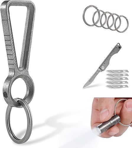 KeyUnity Clip de llavero de mosquetón de titanio KD00, llavero dividido KA21, cuchillo plegable KK01AR, paquete de linterna de llavero KF00SP