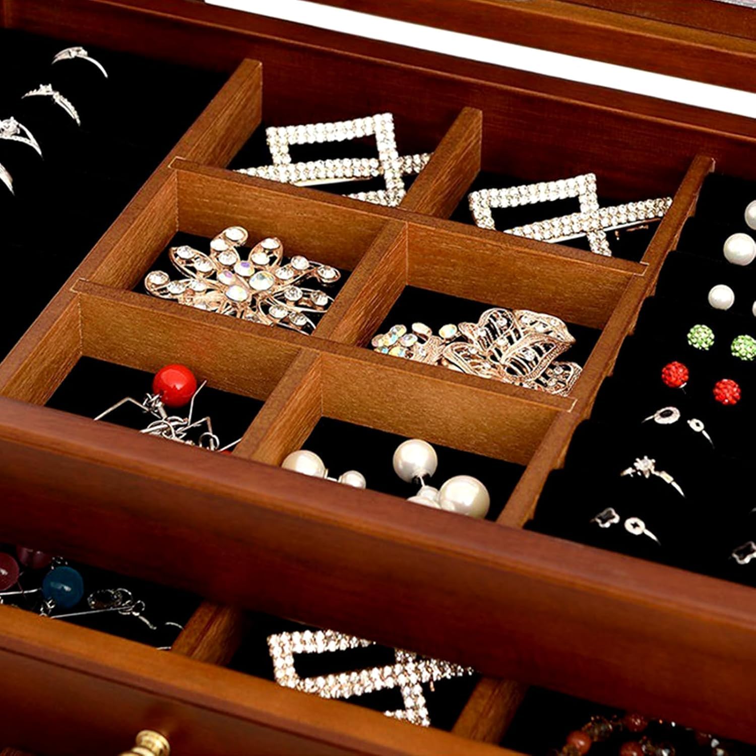 Grande boîte à bijoux vintage en noyer noir, 6 compartiments, pour colliers et bagues. Cadeau pour femme.