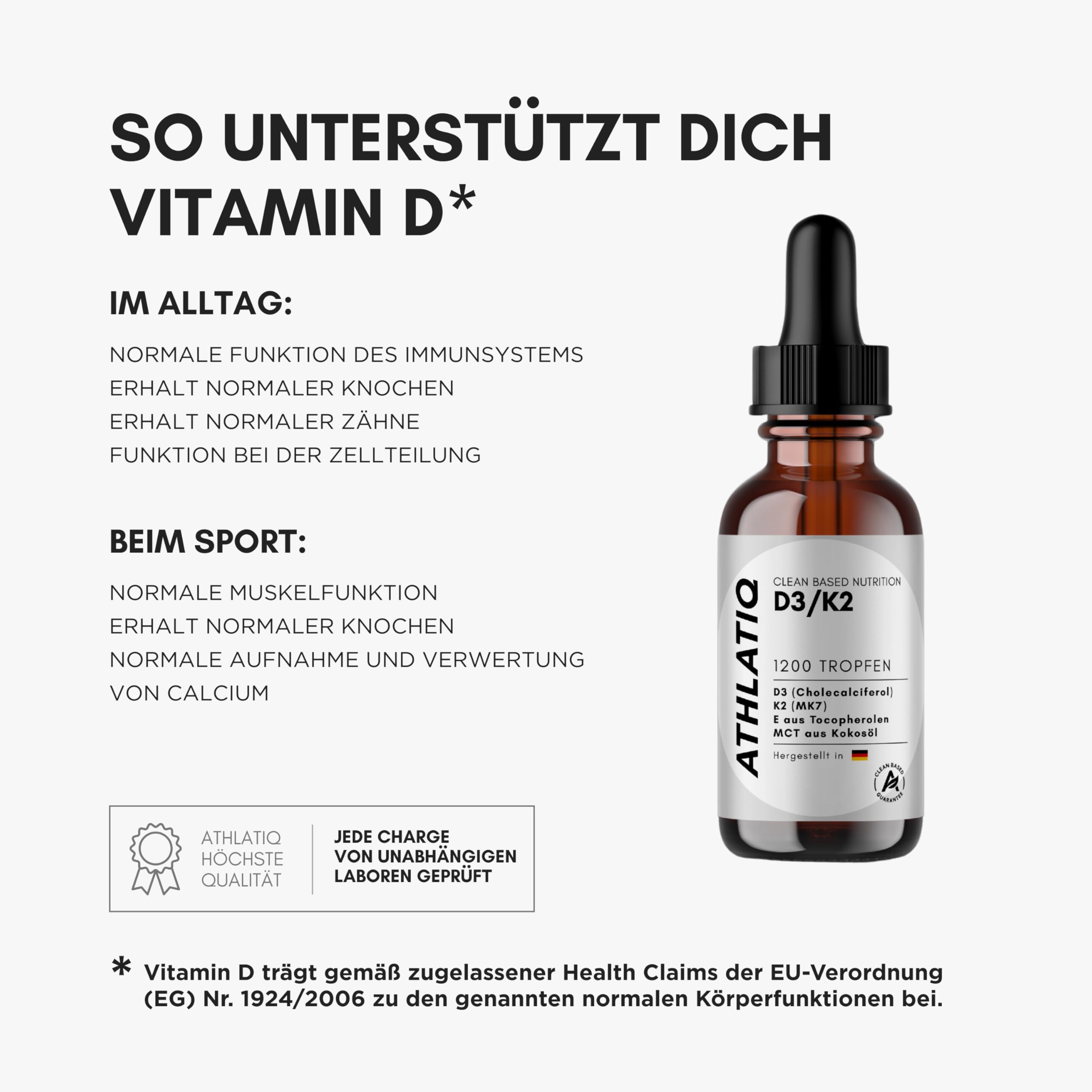 Vitamin D3 K2 Tropfen mit Vitamin E, MCT-Kokosöl basierte Tropfenform, 1000 I.E. D3, 25 µg K2 (MK-7), 2 mg Vitamin E, 1200 Tropfen, ohne Zusatzstoffe, laborgeprüft