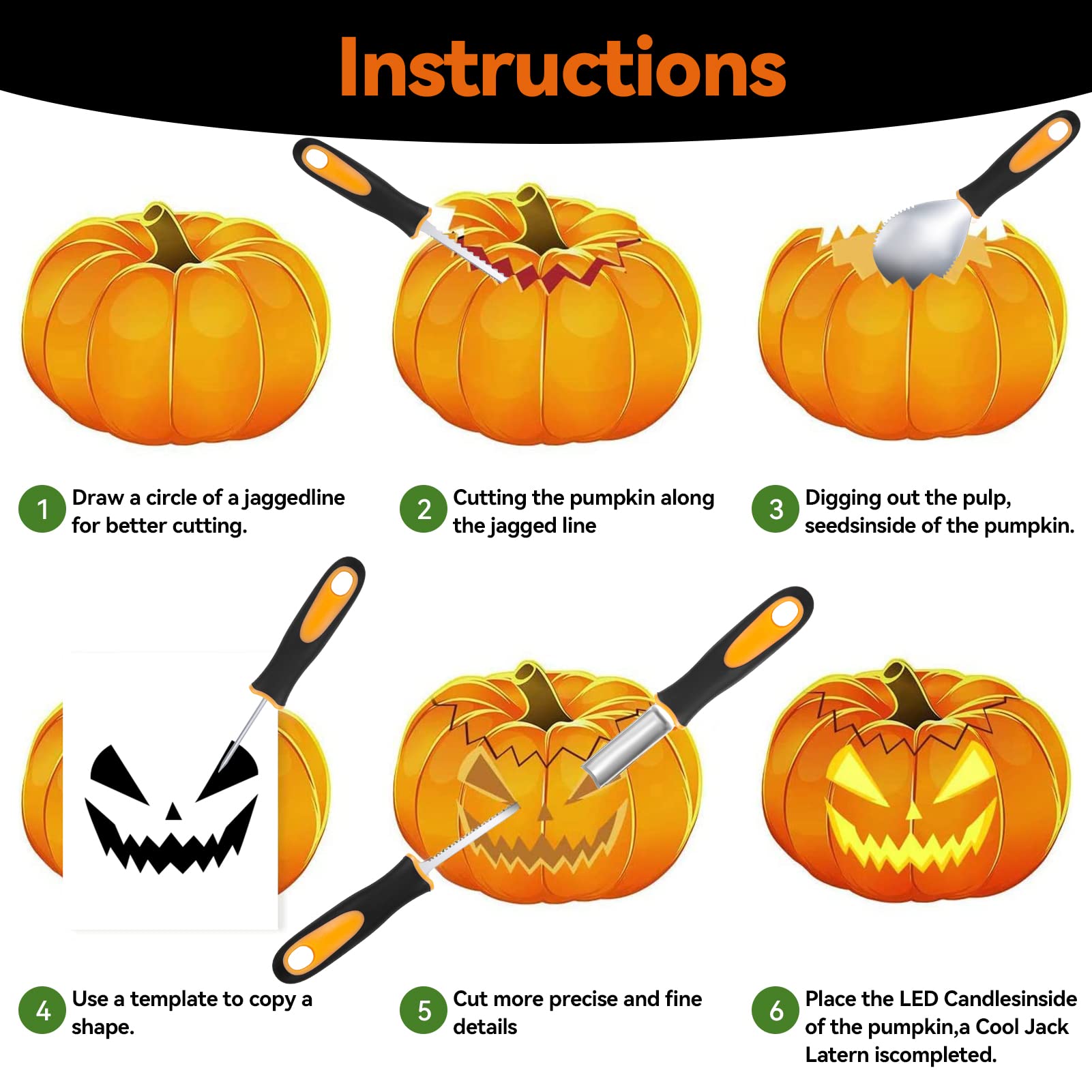 YUET Kit de talla de calabaza de Halloween, 5 piezas de herramientas profesionales de talla de acero inoxidable para decoraciones de Halloween