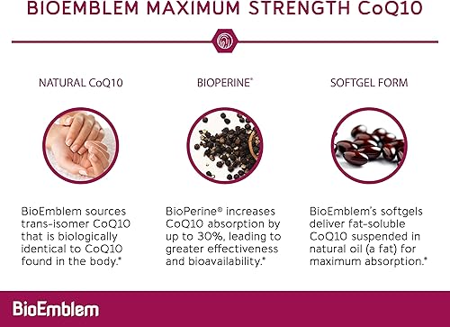 Miniatura 5 de BioEmblem CoQ10 con BioPerine - Cápsulas blandas de 200 mg, alta absorción, antioxidante de coenzima Q10 para producción de energía, salud del