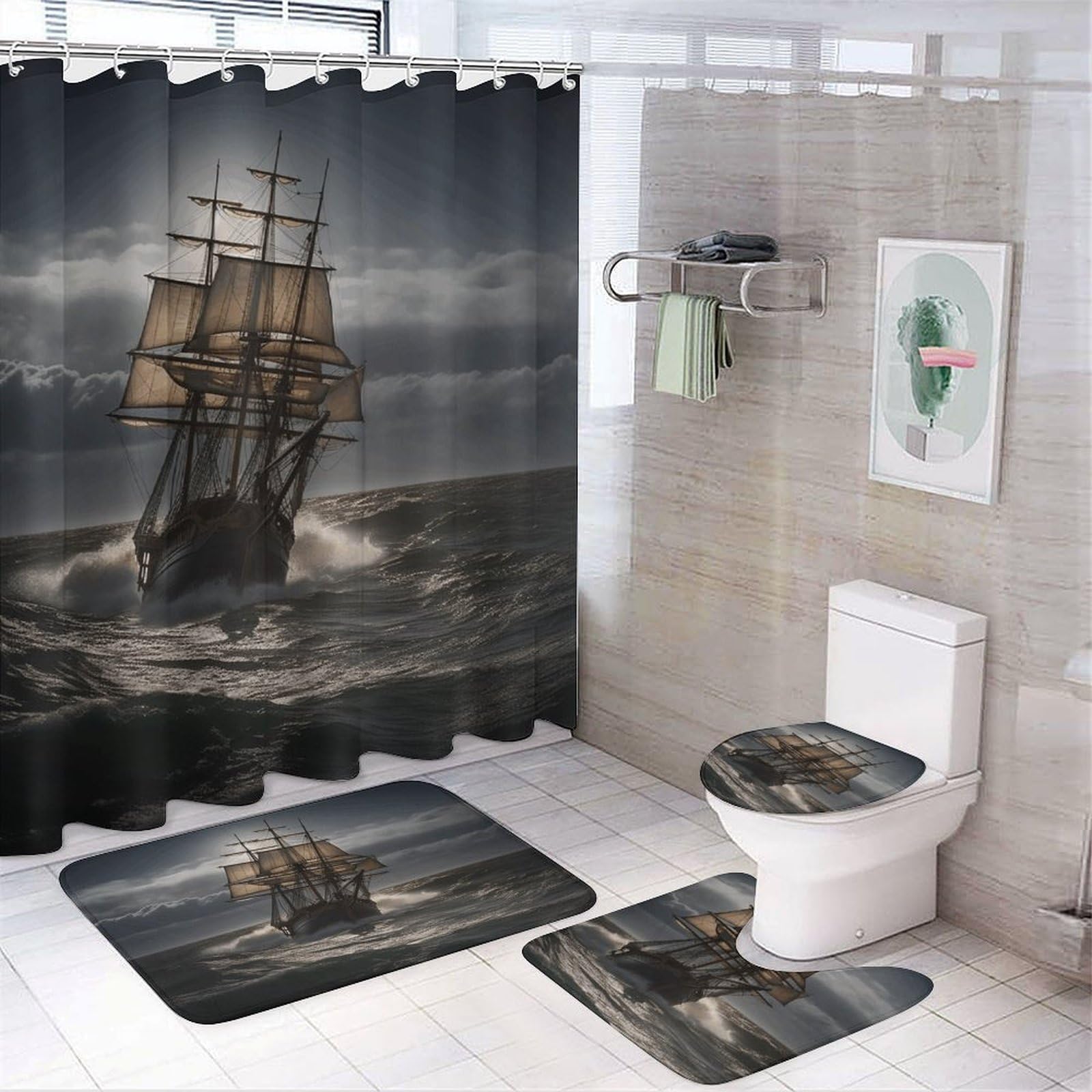Ensemble de salle de bain voilier avec rideau de douche anti-moisissure et tapis absorbants