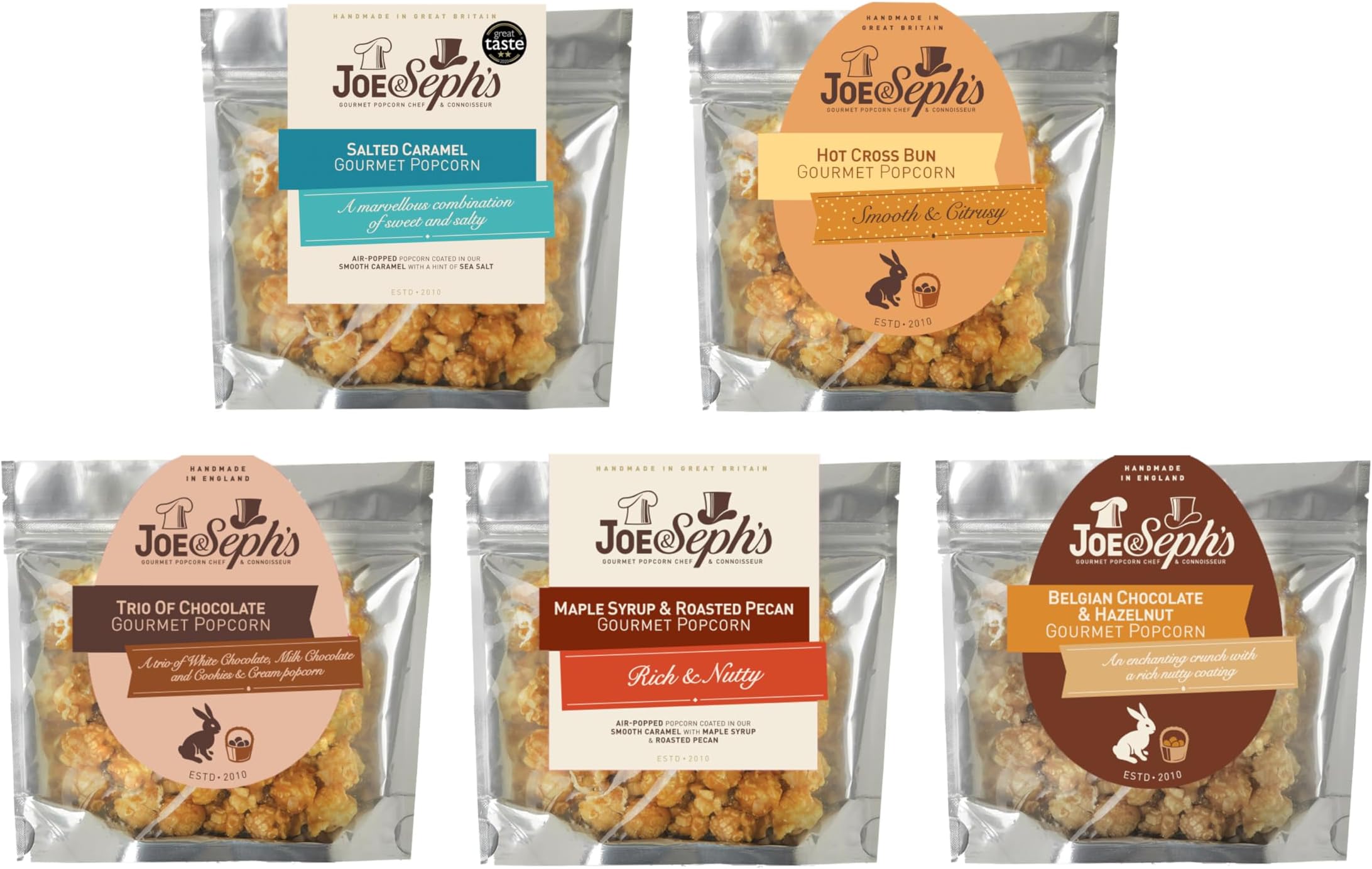 Easter Popcorn Tasting Selection (5x30g) Gingerbread, Salted Caramel, Trio of Chocolate, Belgian Chocolate, Hazlenut and Maple Syrup Pecan, gourmet popcorn, easter gifts