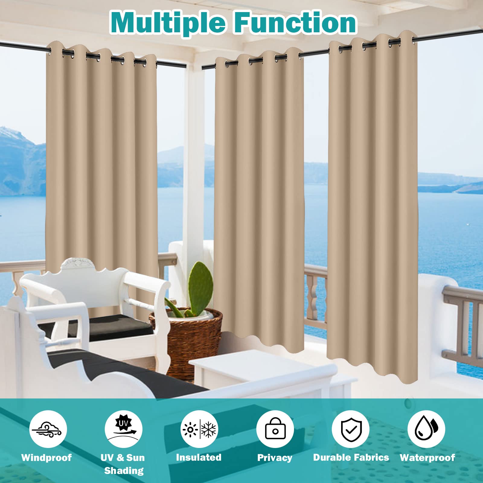 MINGPINHUIUS Cortinas de Exterior, Cortina Exterior con Ojales, Impermeables, Resistentes al Viento y a los Rayos UV, Opaco, para balcón, terraza, Porche, pérgola (champán, 2 Piezas / 132 x 213 cm)
