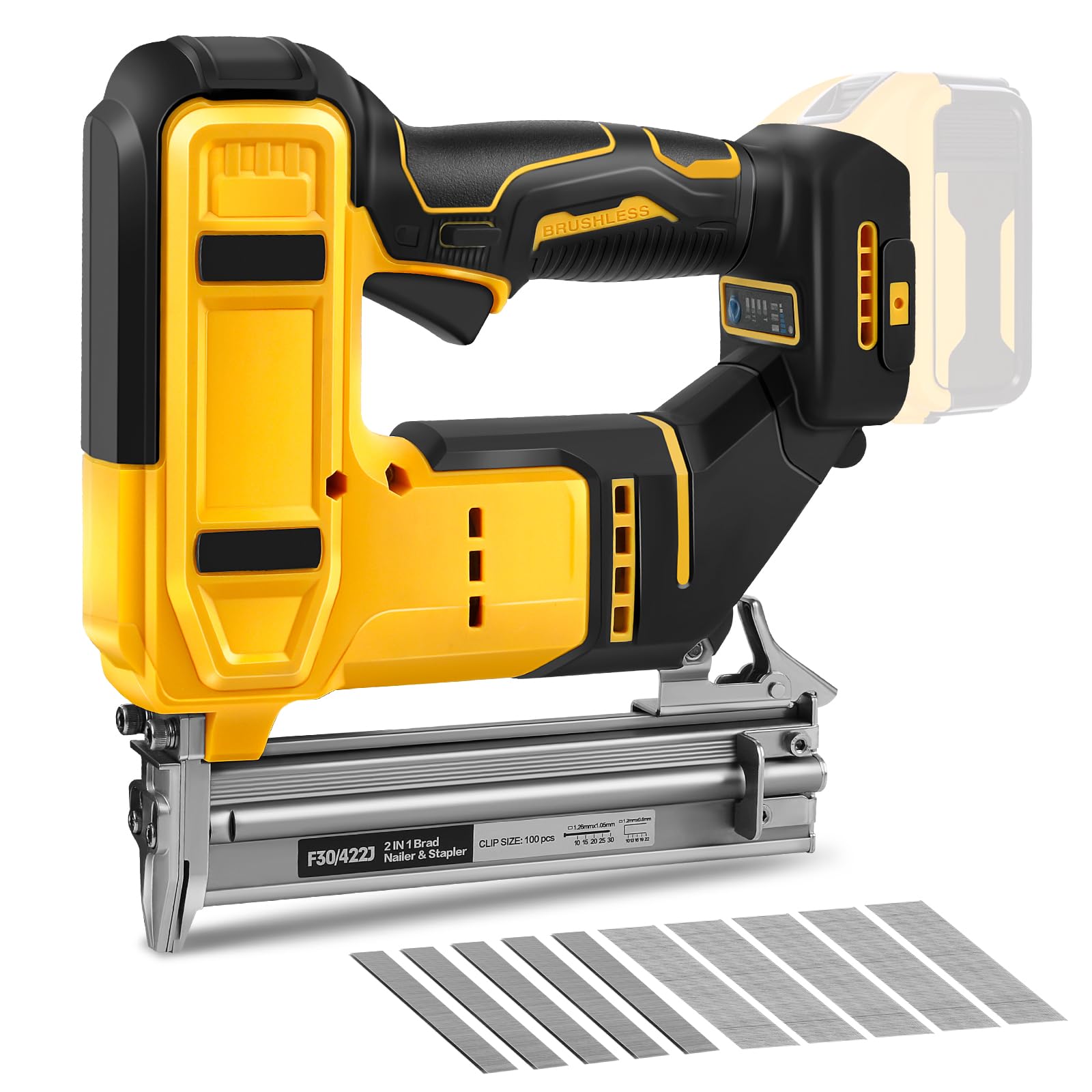 Photo 1 of 18GA Cordless Brad Nailer Compatible with Dewalt 20V Battery, 2 in 1 Brushless Nail Gun/Staple Gun with 500 Nails and 500 Staples Battery Powered for Home Improvement DIY Woodworking (No Battery)