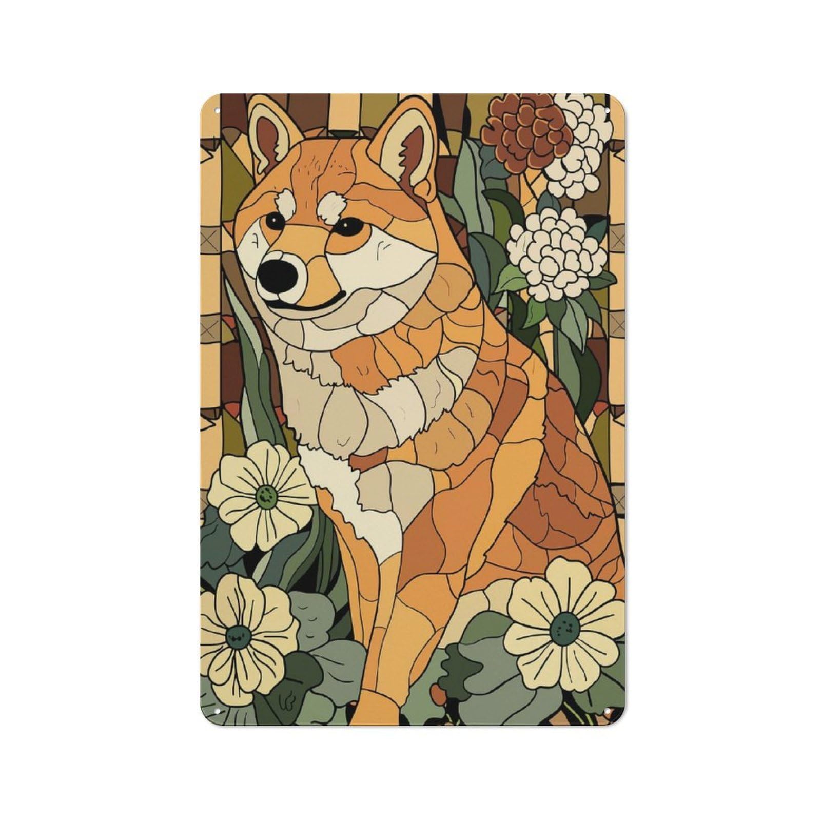 Farmhouse Metal Sign with Shiba Inu in A Floral Setting Design 30x20cm, Rustic Country Wall Plaque for Cottage, Kitchen, Hallway Or Breakfast Nook