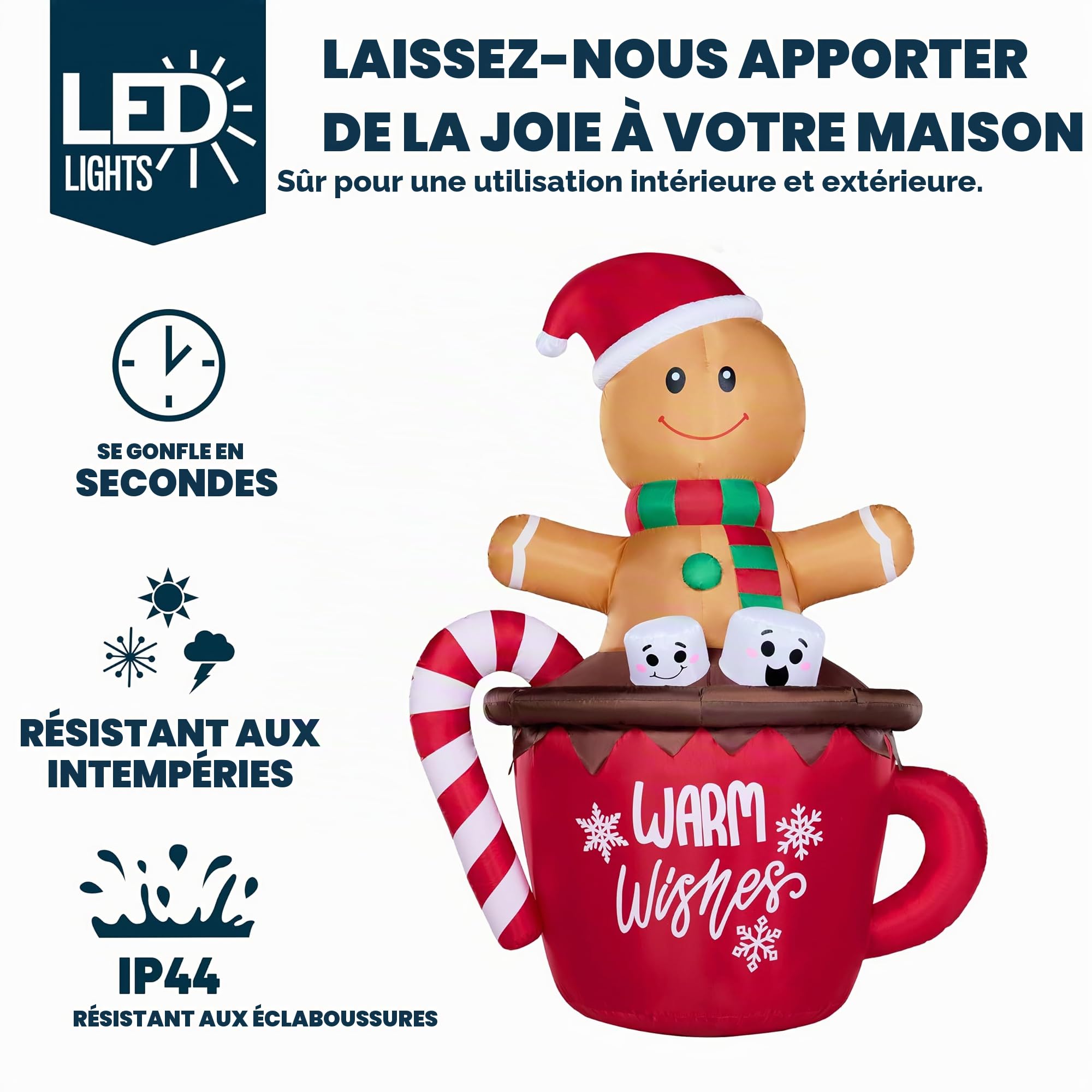 JOIEDOMI Bonhomme en Pain d'épices Gonflable de 1,8 m de Haut dans Une Tasse de Cacao Chaud avec LED intégrées, décoration de Cour Gonflable en Pain d'épices pour fête de Noël, décoration de Jardin