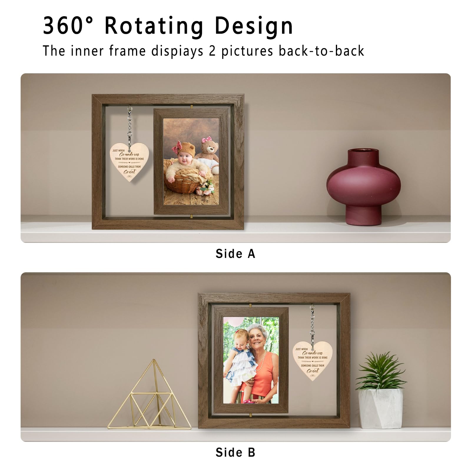 EYITUPC Great Grandma Gifts - Rotating Wooden Great Grandma Picture Frame for Two 4x6 Photos - Glass Cover, Gift Box Included - Just When Grandmas Think Their Work Is Done, Someone Calls Them Great