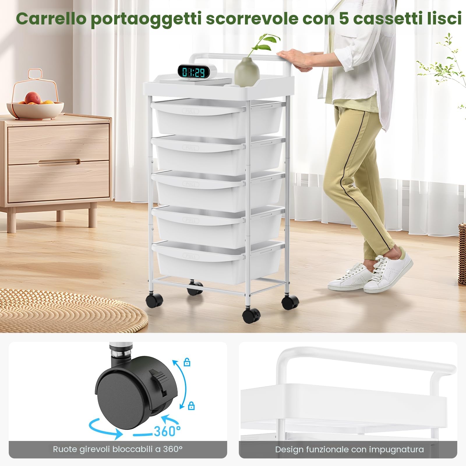 Carrello a 5 Cassetti con Ruote e Ripiani Mobile Salvaspazio Multifunzionale Storage Rack Bagno Cucina per Portavivande Portafrutta (Bianco)