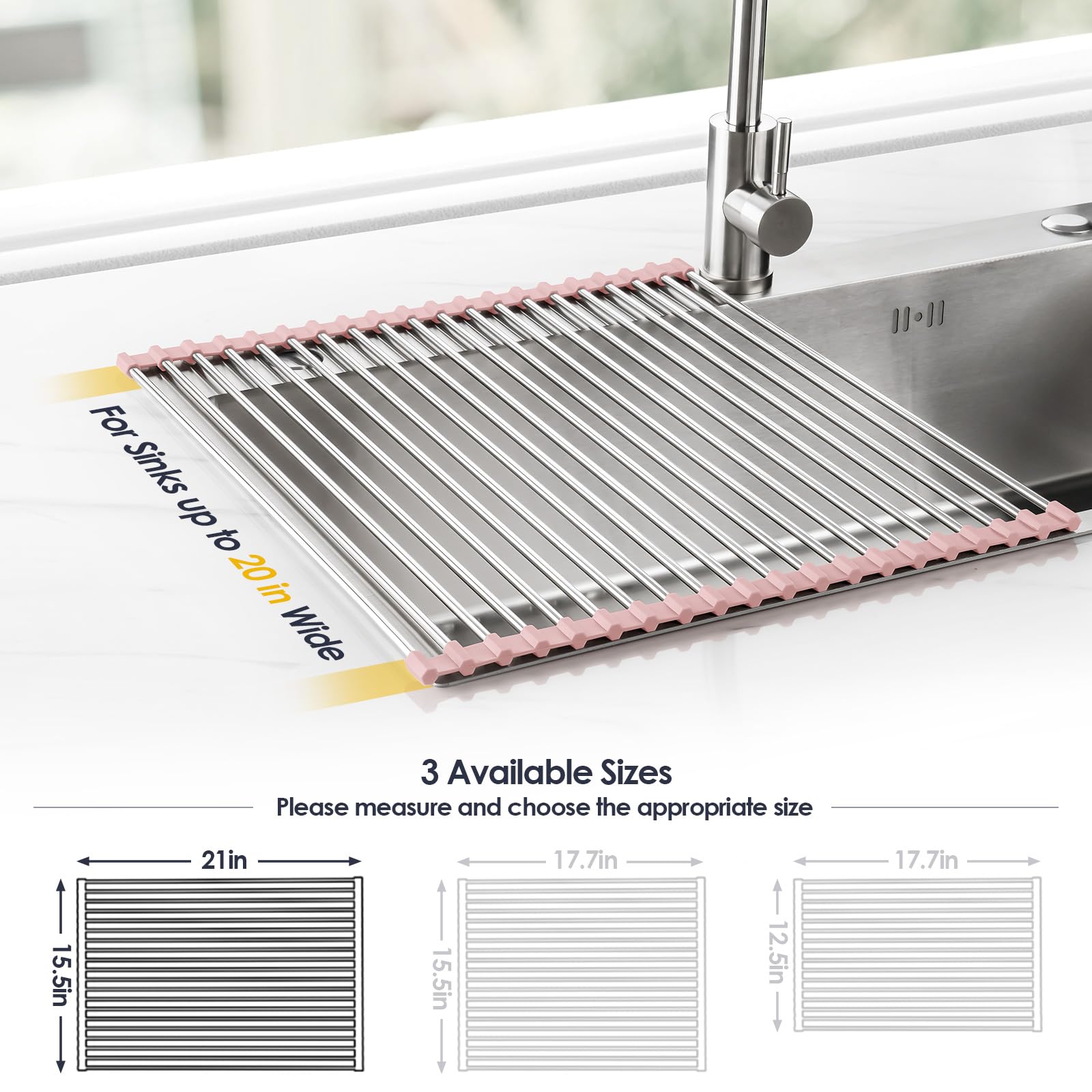 Tomorotec Égouttoir à vaisselle enroulable pour évier de cuisine - 53,3 x 39,4 cm - Accessoire multifonction pliable en acier inoxydable