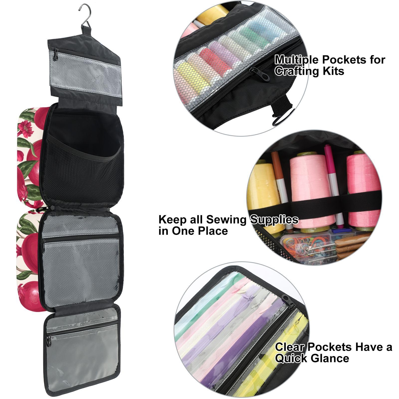 YNNALE Sewing Supply Organizer Bag, French Red Pomegranate Fruit Retro Vintage Portable Sewing Bags with Pockets&Hanger, Sewing Storage Box Case for Sew Supplies/Kit/Tools/Accessories (BAG ONLY)