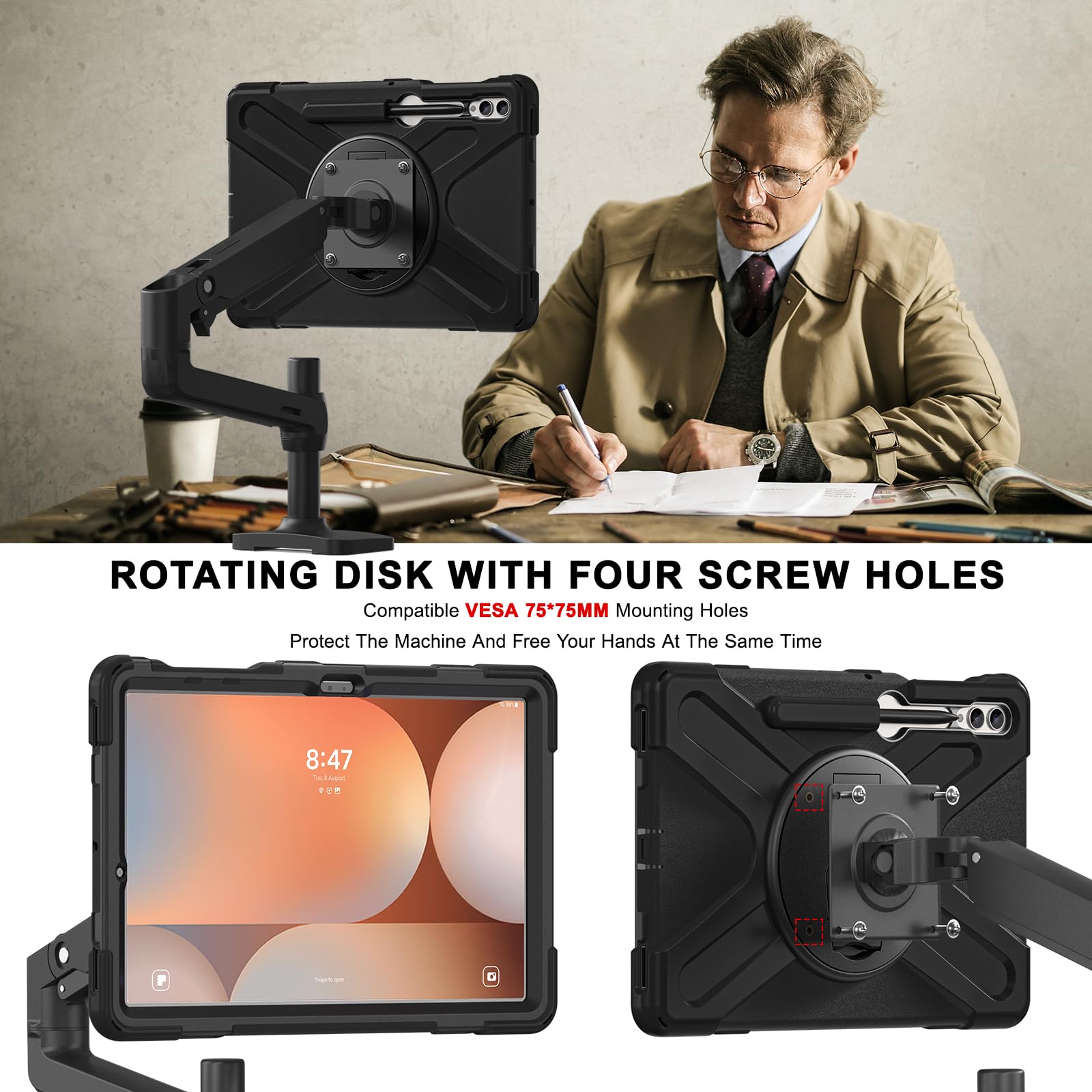Etui kompatybilne z Samsung Galaxy Tab S7 FE/ S8 Plus 12,4 cala SM-X800 SM-T730, [wbudowany uchwyt na ołówki] wytrzymały, odporny na wstrząsy, wytrzymały futerał ochronny obrotowy stojak/pasek na