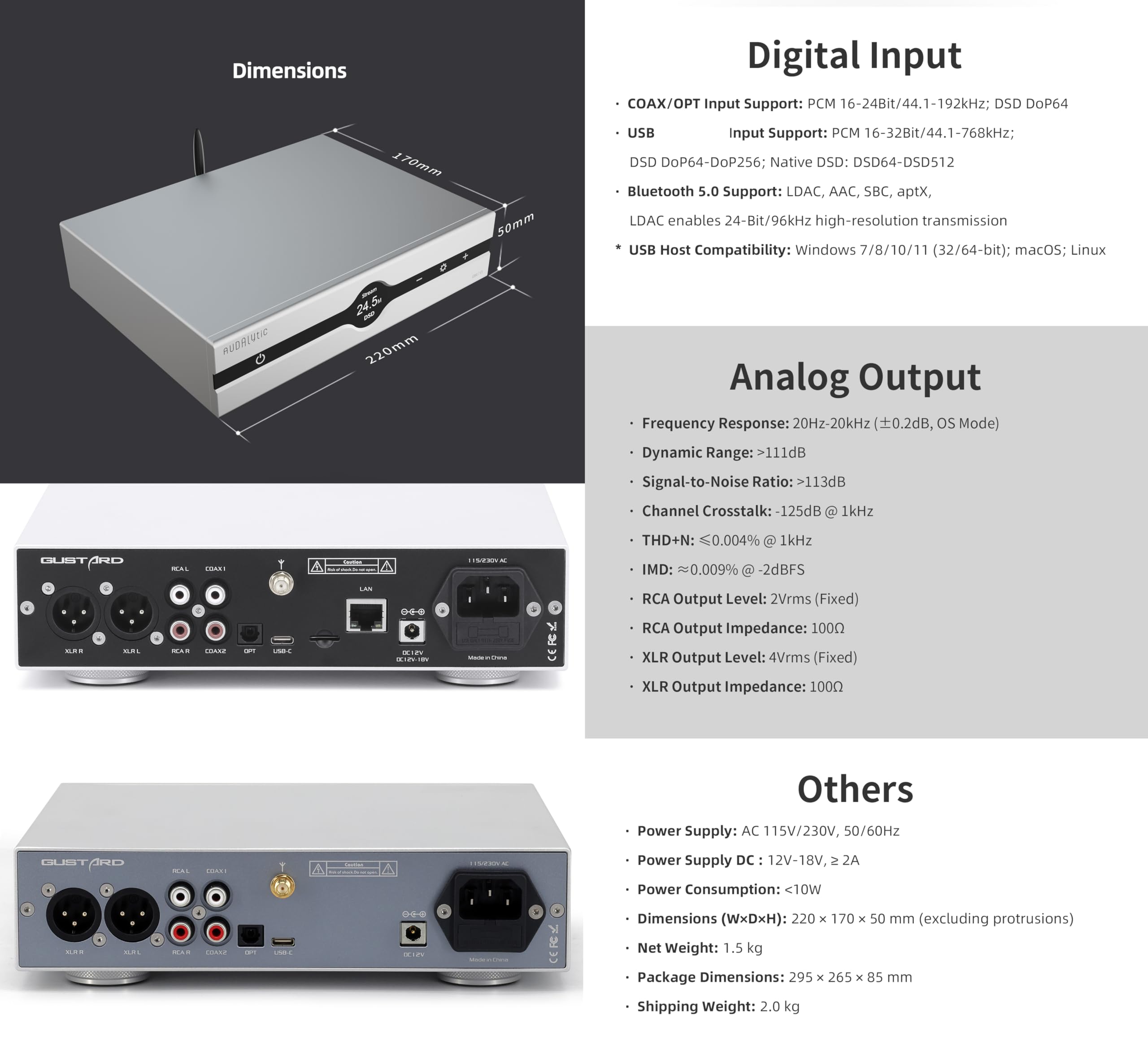 Gustard Audalytic DR70 R2R-DAC – Nativ 1-Bit-DSD, DSD512, PCM 768 kHz, vollständig diskreter, symmetrischer Digital-Analog-Wandler (Schwarz – ohne Streamer)