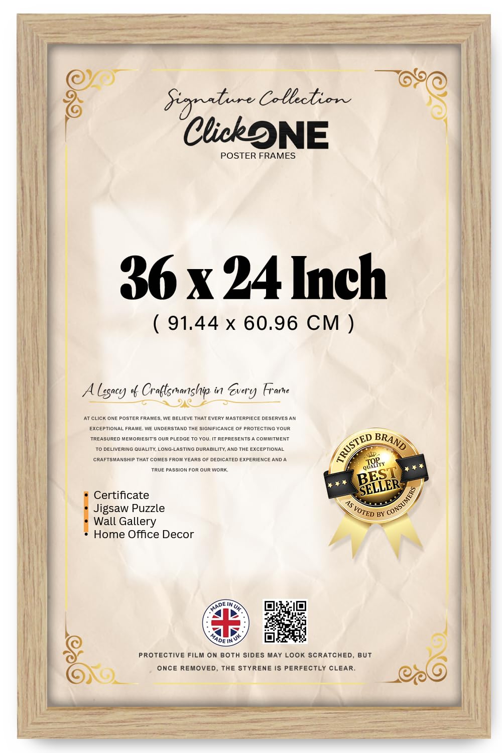 Click One Oak Modern Poster Frame 36 X 24 Inch Wood Finish Vintage Picture And Poster Display Rectangle For Paintings And Art Galleries Wall Hanging With Clear Protective Panel 91.44 X 60.96 Cm