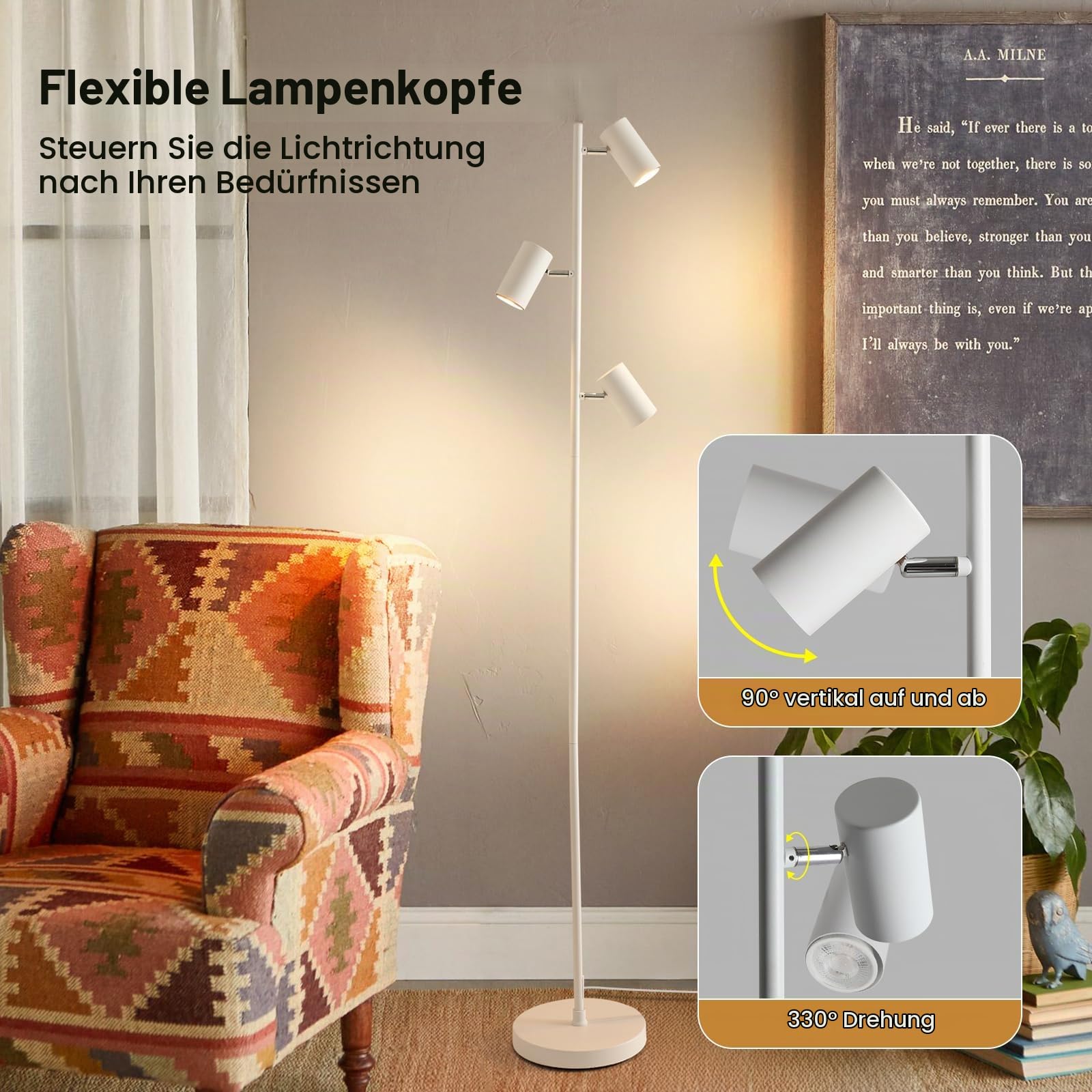 Stehleuchte Luvio 3-flammig GU10 | Milchweiß, Minimalistisches Design, Verstellbare Strahler | Ideal für Wohnzimmer, Schlafzimmer und Home-Office